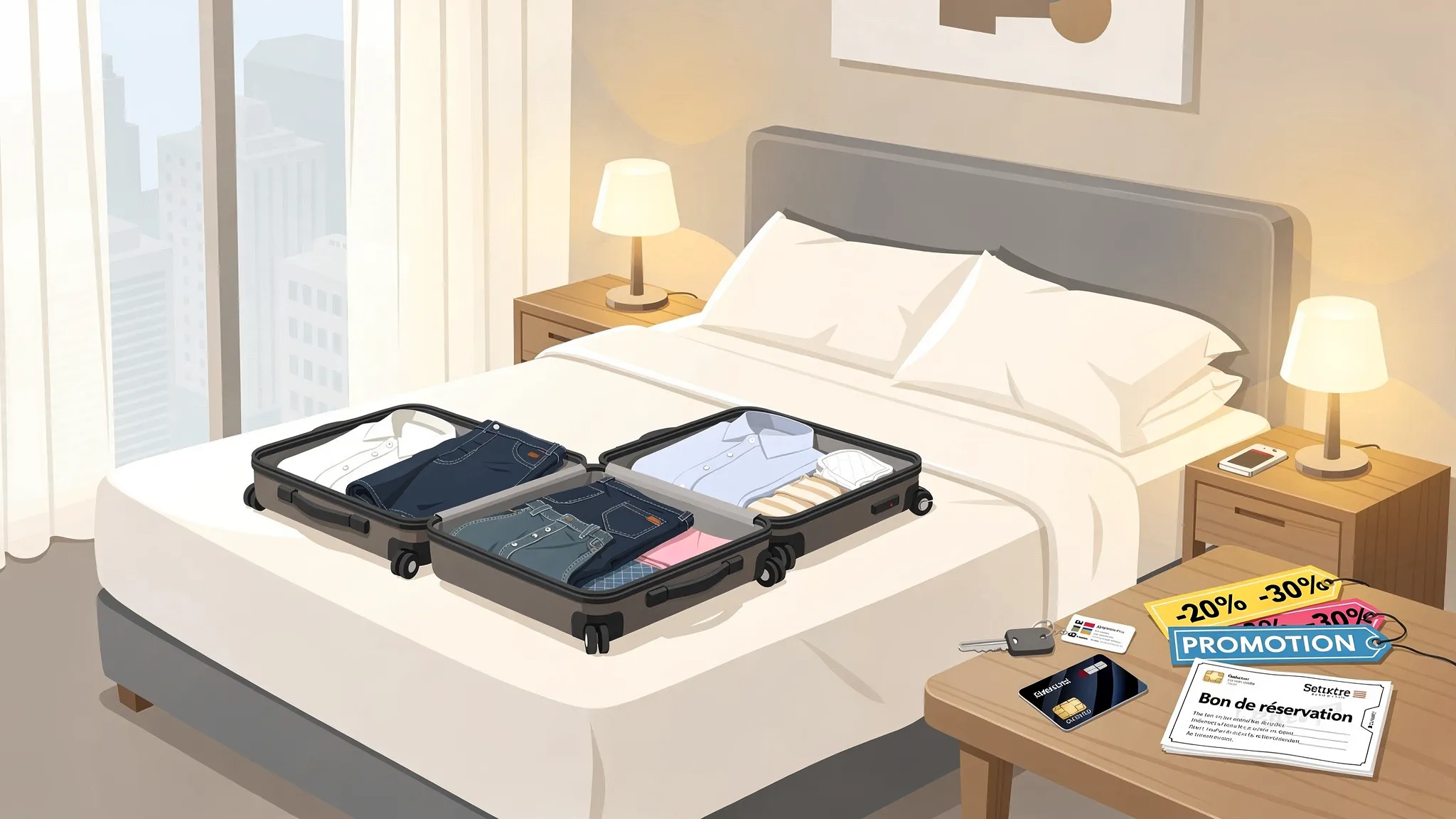 Une chambre d'hôtel moderne avec une valise ouverte sur le lit, une carte bancaire, un bon de réservation et quelques étiquettes de réduction posées sur une table de chevet.