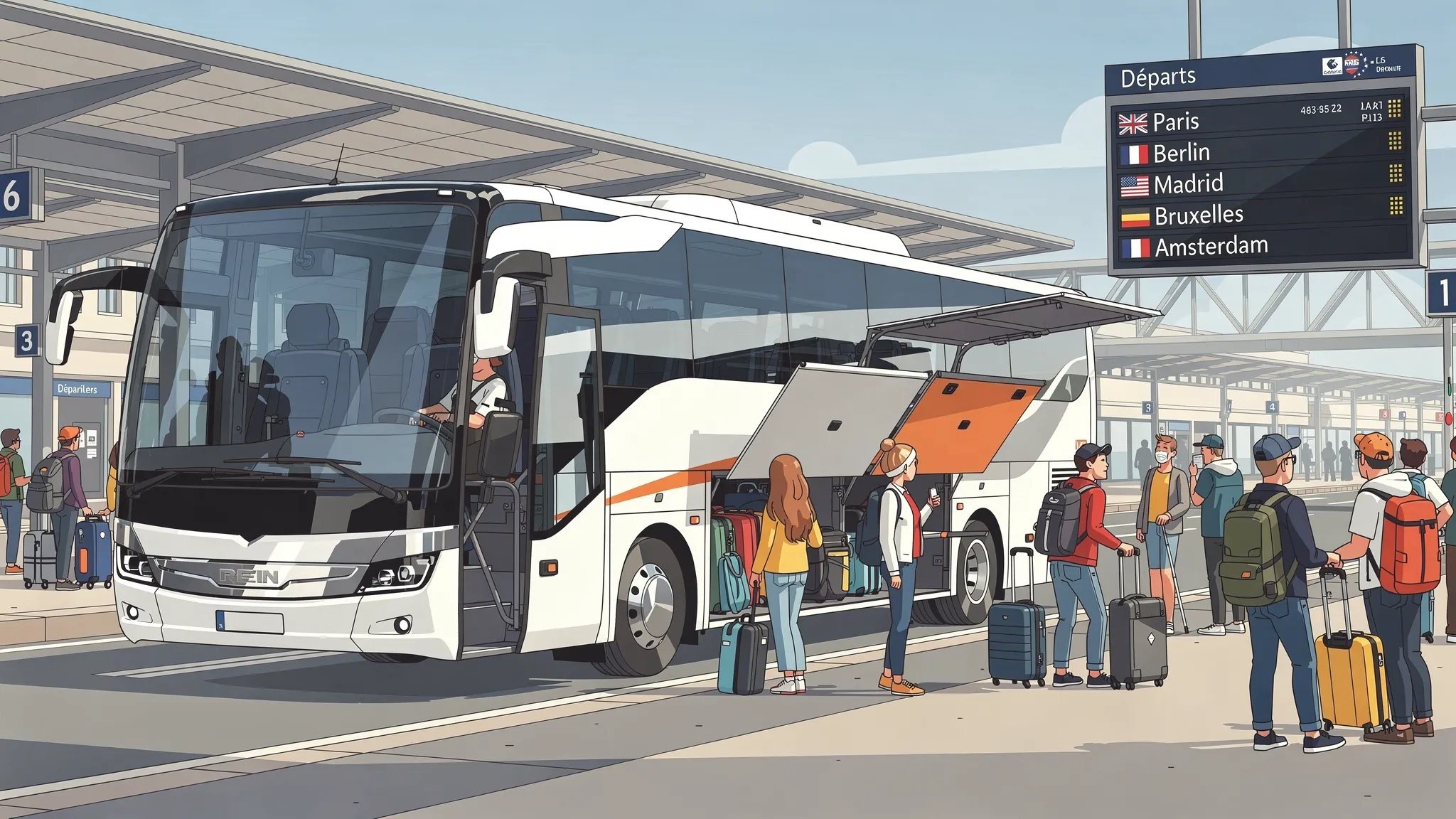 Un autocar longue distance à quai dans une gare routière, avec des voyageurs préparant leurs bagages et un panneau indiquant plusieurs destinations européennes.