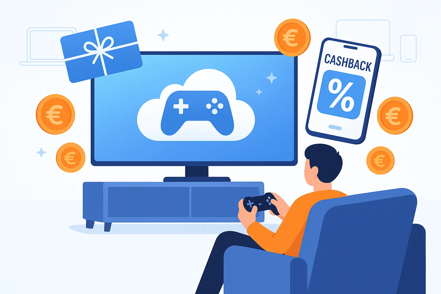 Un joueur détendu, manette en main, regardant un téléviseur affichant un service de cloud gaming avec une fenêtre indiquant un pourcentage de cashback — illustration des économies possibles sur les abonnements cloud gaming.