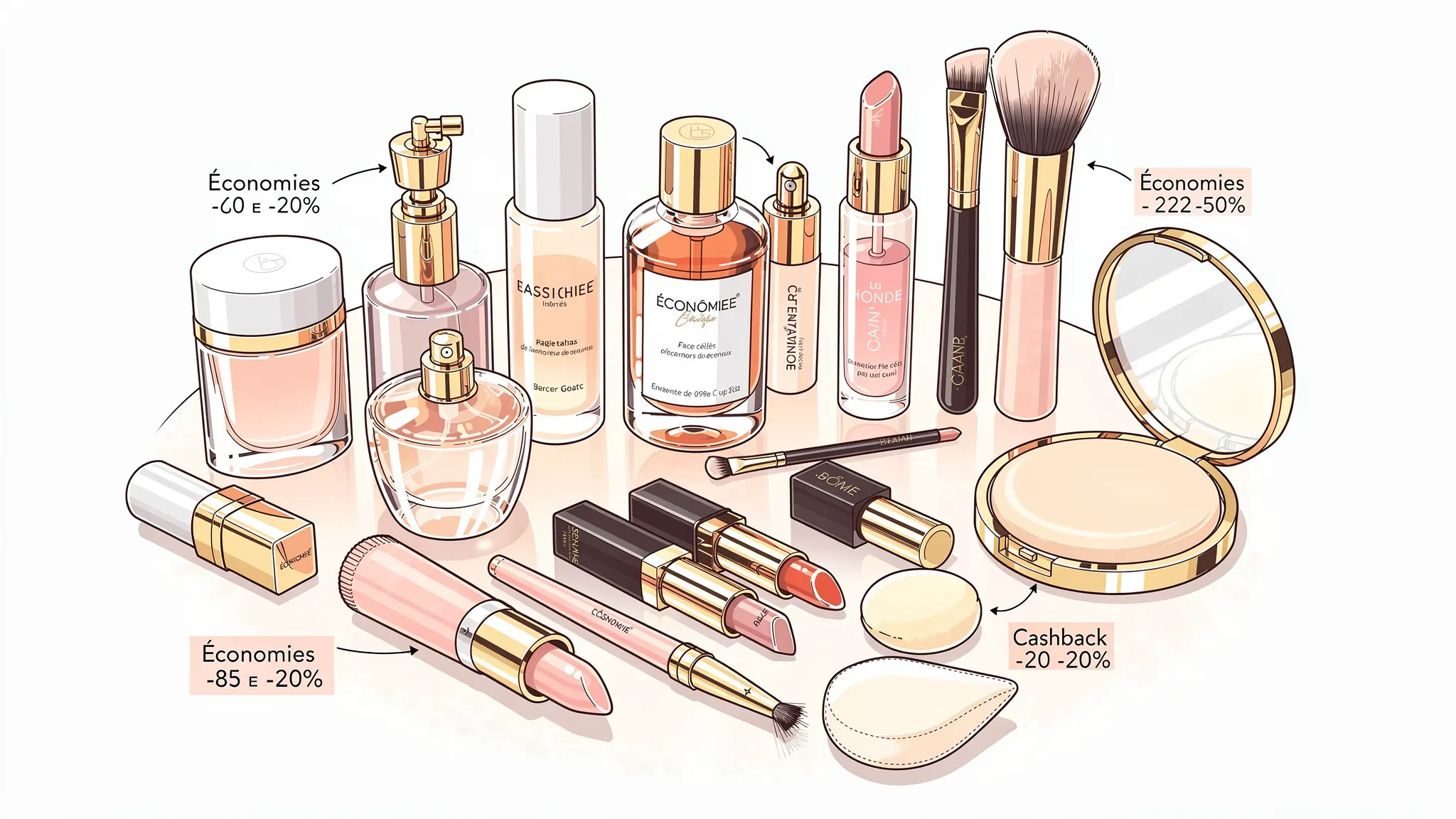 Un assortiment de produits beauté, parfums, soins visage, rouges à lèvres et accessoires de maquillage disposés sur une table, avec des étiquettes indiquant des économies et du cashback.