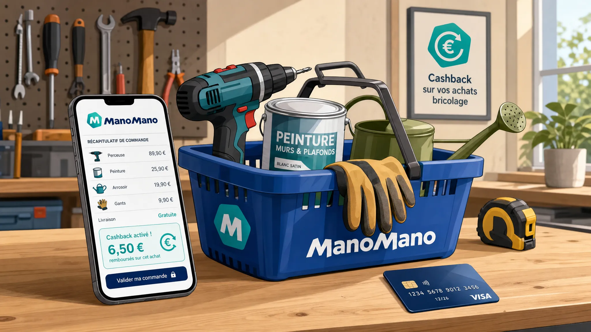 Un panier de bricolage avec une perceuse, un pot de peinture, des gants, un arrosoir et une carte bancaire posés sur un établi, illustrant la préparation d’une commande ManoMano avec cashback.