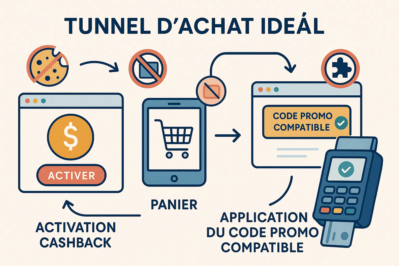 Infographie présentant le tunnel d’achat idéal : activation cashback → panier → application du code promo compatible → paiement. L’image visualise les points de vigilance (cookies, changement d’onglet, extensions).