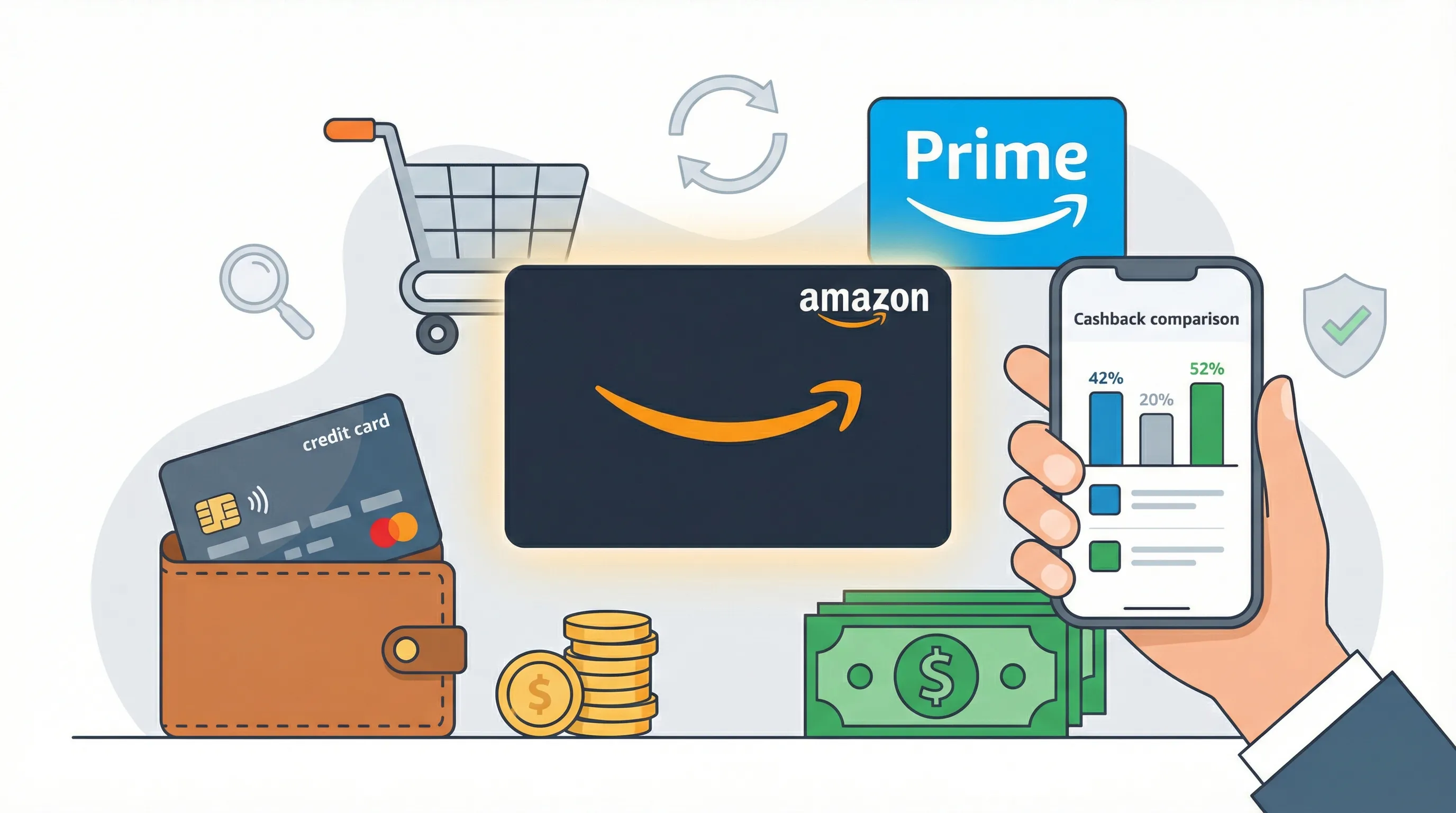 Illustration des stratégies pour obtenir du cashback sur Amazon Prime : cartes cadeaux, comparateurs, programmes bancaires et achats chez des revendeurs alternatifs.