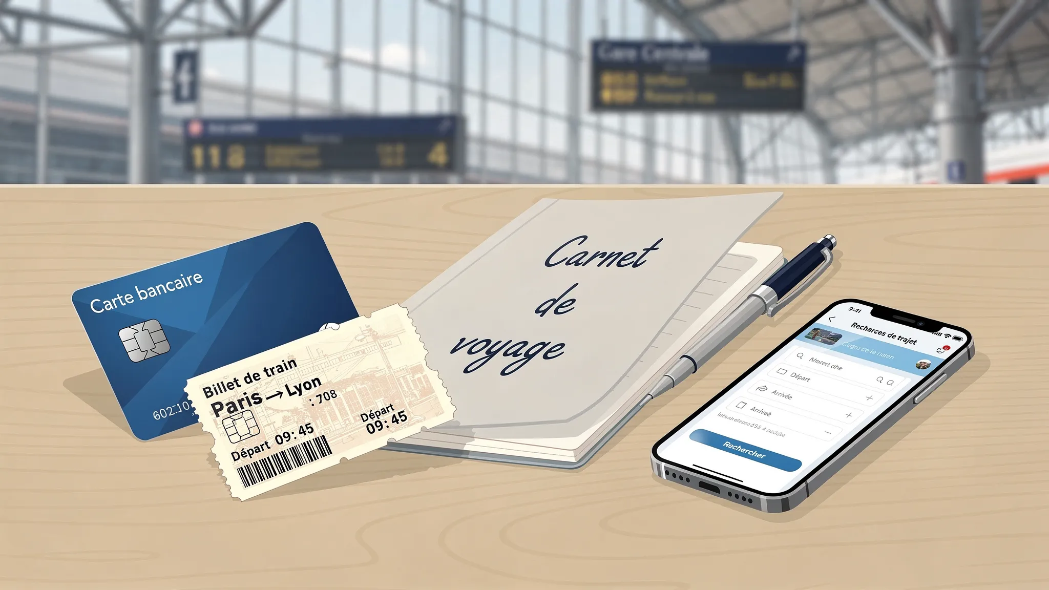 Un billet de train posé à côté d’une carte bancaire, d’un carnet de voyage et d’un téléphone affichant une recherche de trajet, avec une gare en arrière-plan.