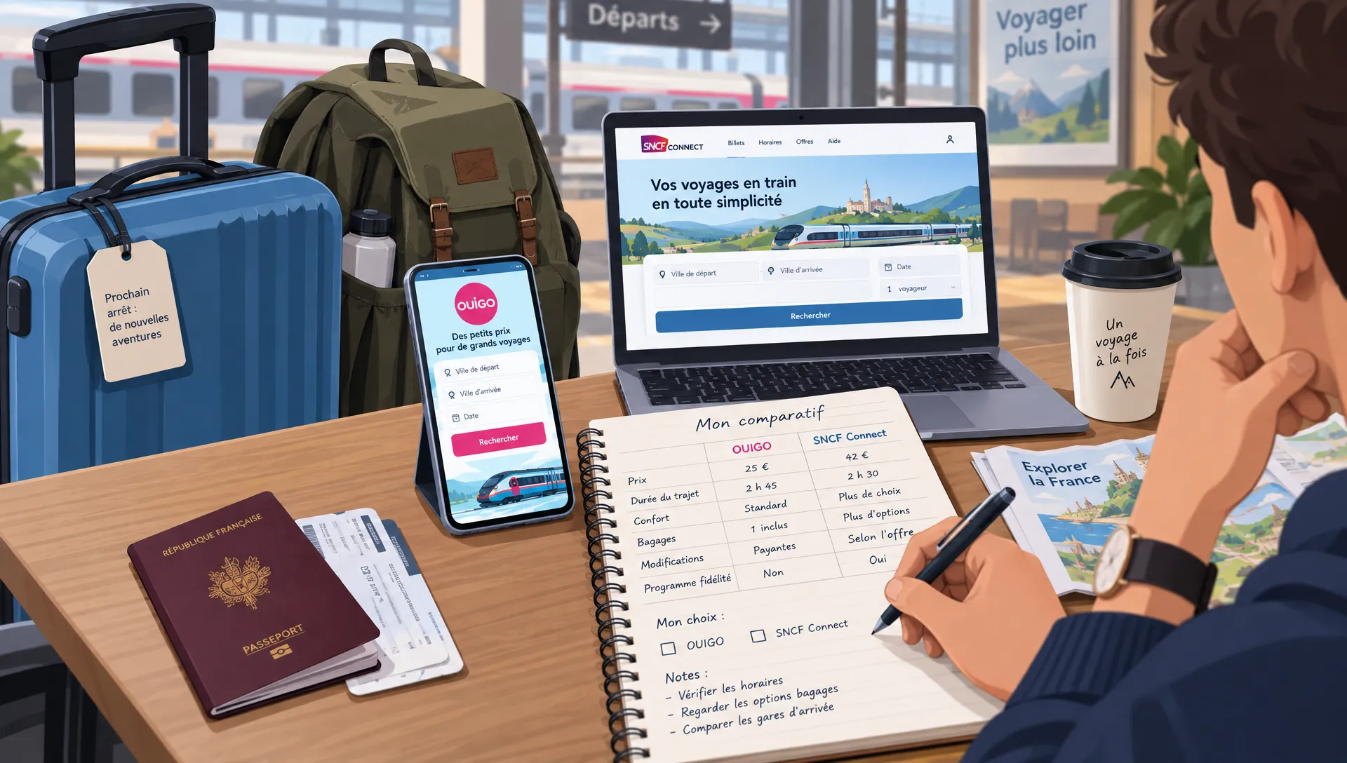 Une petite valise et un sac à dos sont posés près d’un carnet où un voyageur compare le prix et les options d’un billet OUIGO et SNCF Connect.