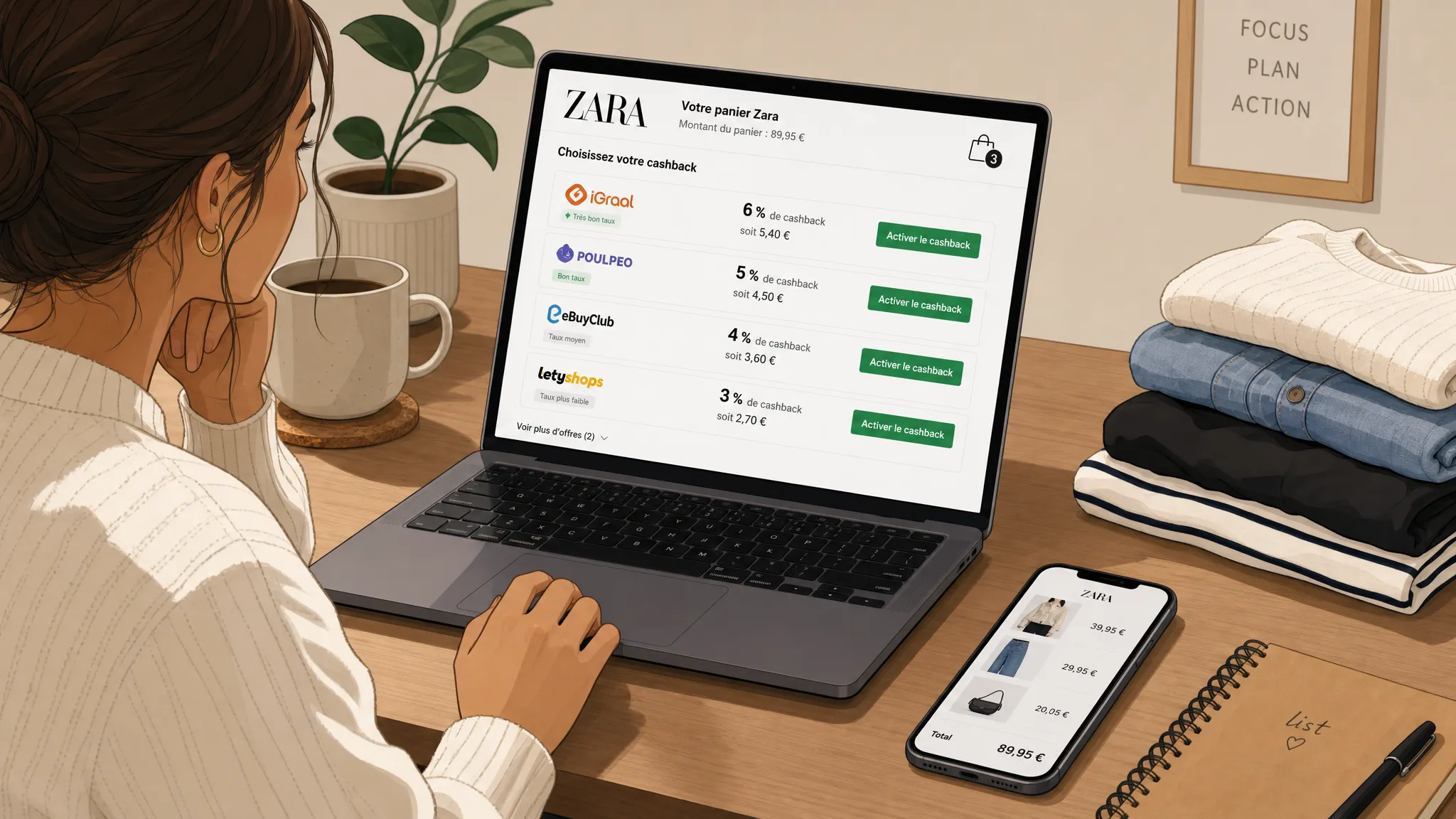 Une personne consulte sur un ordinateur portable les options de cashback pour un panier Zara, avec un téléphone à côté et quelques vêtements pliés sur la table.