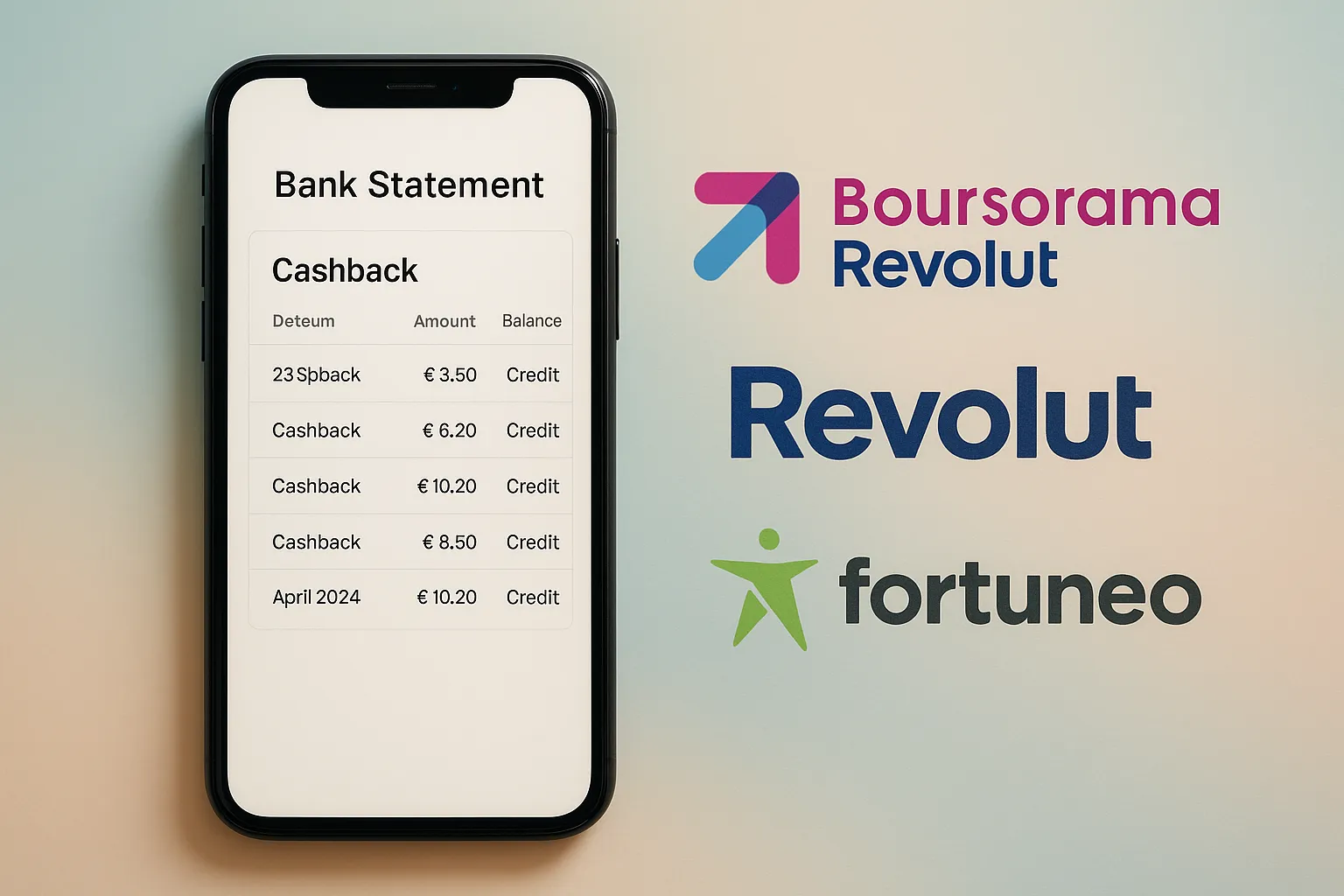 Illustration montrant un smartphone affichant un relevé bancaire avec plusieurs lignes de cashback crédité automatiquement. À côté, des logos de Boursorama, Revolut et Fortuneo, sur un fond aux couleurs pastel représentant la digitalisation des services financiers.