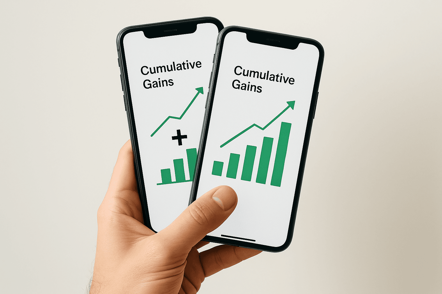 Illustration minimaliste : une main tenant deux smartphones dont l’écran affiche un graphique de gains cumulés en hausse, symbolisant l’addition de plusieurs applis de cashback pour maximiser les économies.