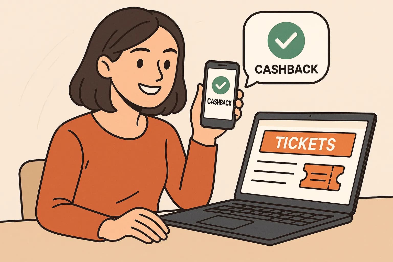 Jeune femme souriante, assise devant un ordinateur portable affichant un site de billetterie, smartphone à la main montrant une notification de cashback validé.