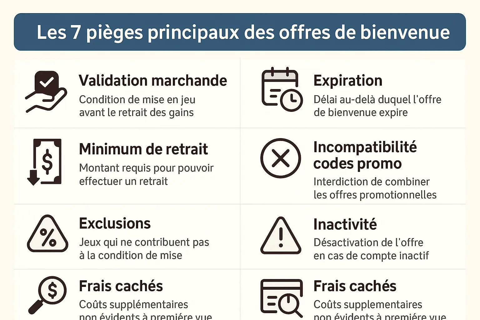 Graphique de style infographie récapitulant les 7 pièges principaux des offres de bienvenue : validation marchande, minimum de retrait, expiration, exclusions, incompatibilité codes promo, inactivité, frais cachés.