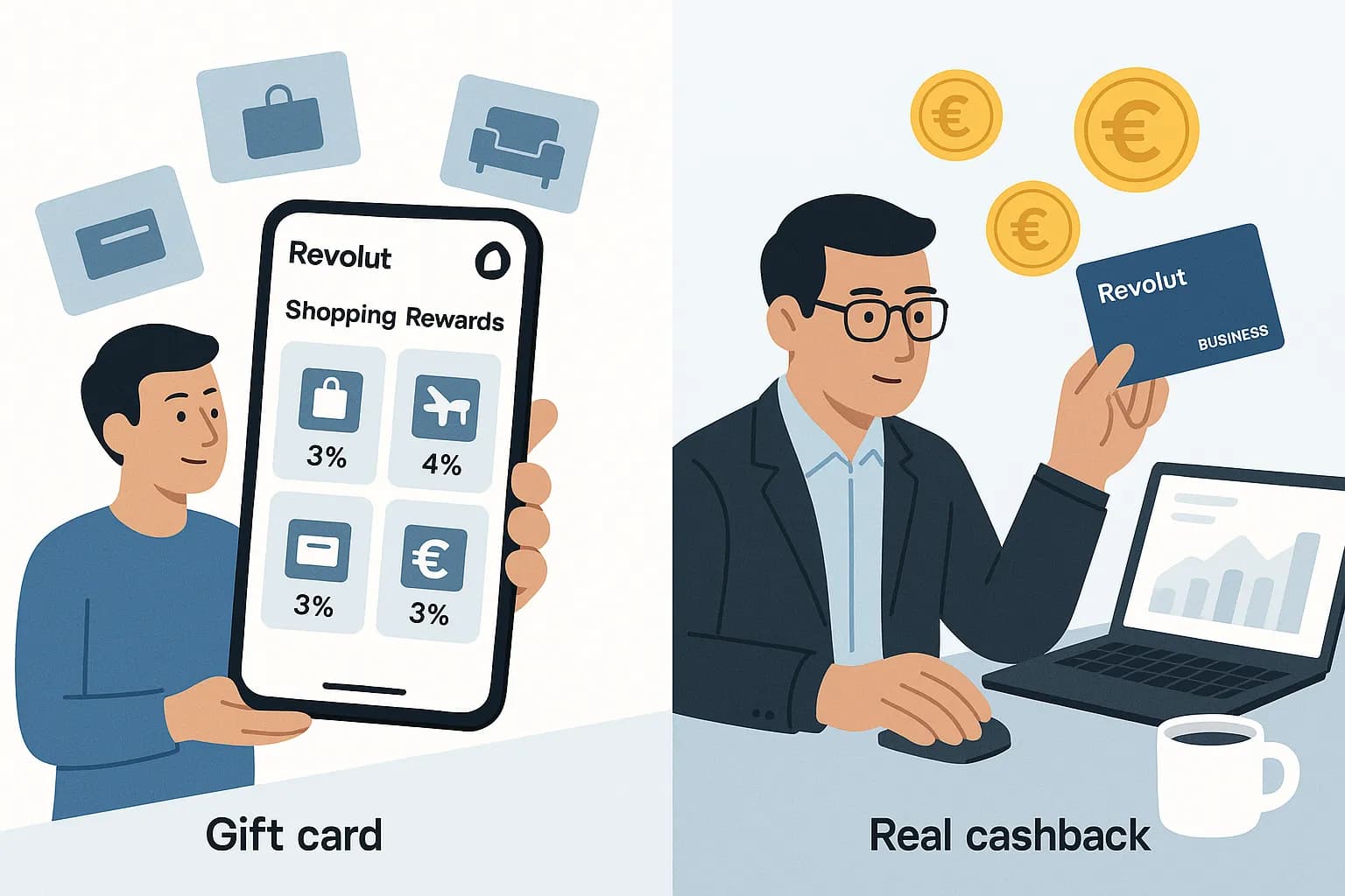 Vue d’écran d’un smartphone affichant l’onglet « Shopping Rewards » de l’app Revolut avec plusieurs cartes cadeaux et un bouton « Acheter »