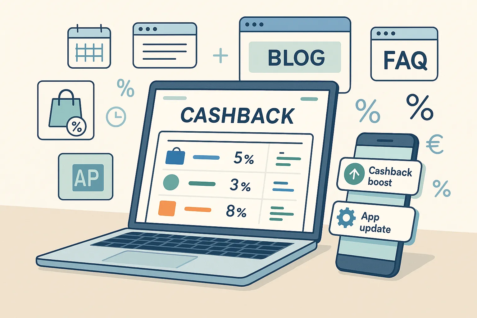 Mosaïque montrant un ordinateur avec un comparateur de cashback, un smartphone affichant des notifications de boosts et des onglets de blogs d’affiliation, symbolisant une routine de veille numérique