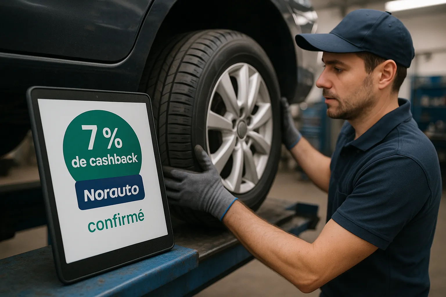 Un mécanicien installe de nouveaux pneus tandis qu’une tablette montre un tableau « 7 % de cashback Norauto confirmé ».
