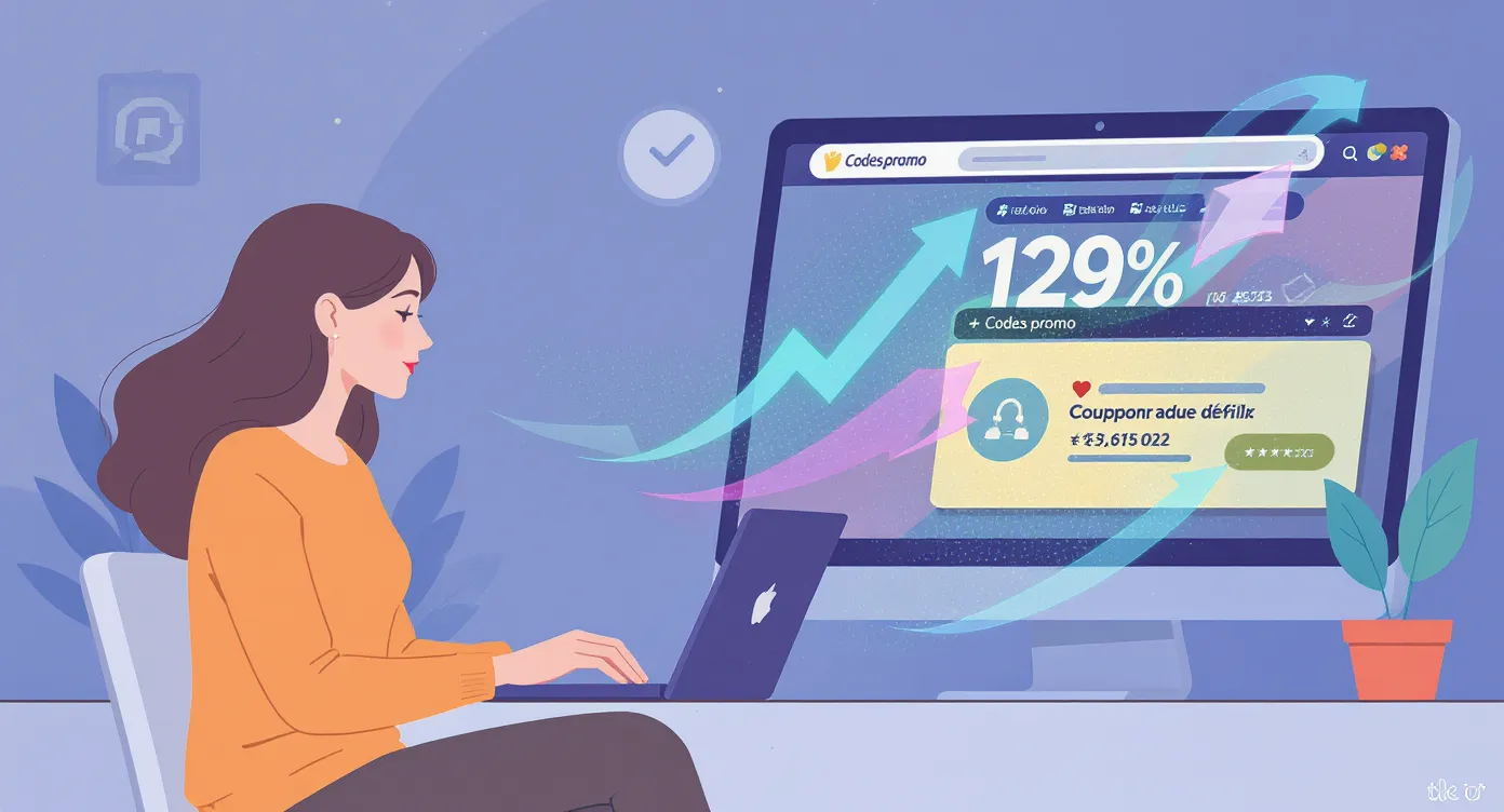 Une jeune femme consulte simultanément un site de codes promo sur son laptop et l’extension coupon qui défile automatiquement, tandis qu’un graphique de taux de succès apparaît à l’écran.