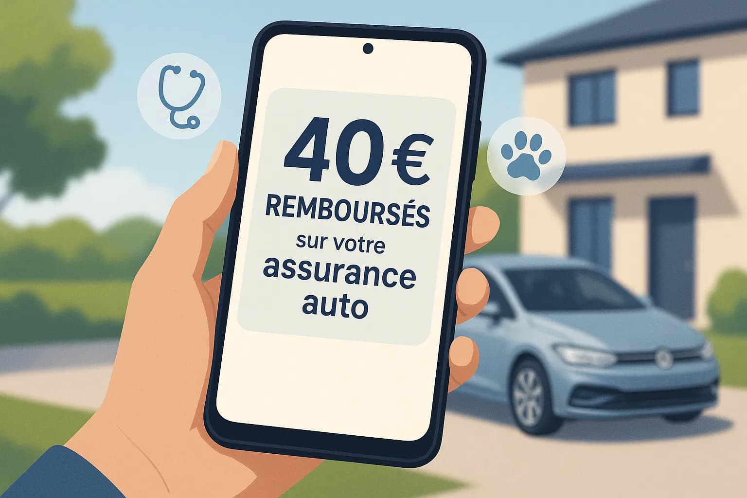 Illustration montrant une main qui tient un smartphone affichant « 40 € remboursés sur votre assurance auto » devant une voiture neuve et une maison en arrière-plan, symbolisant les différents contrats concernés par le cashback.