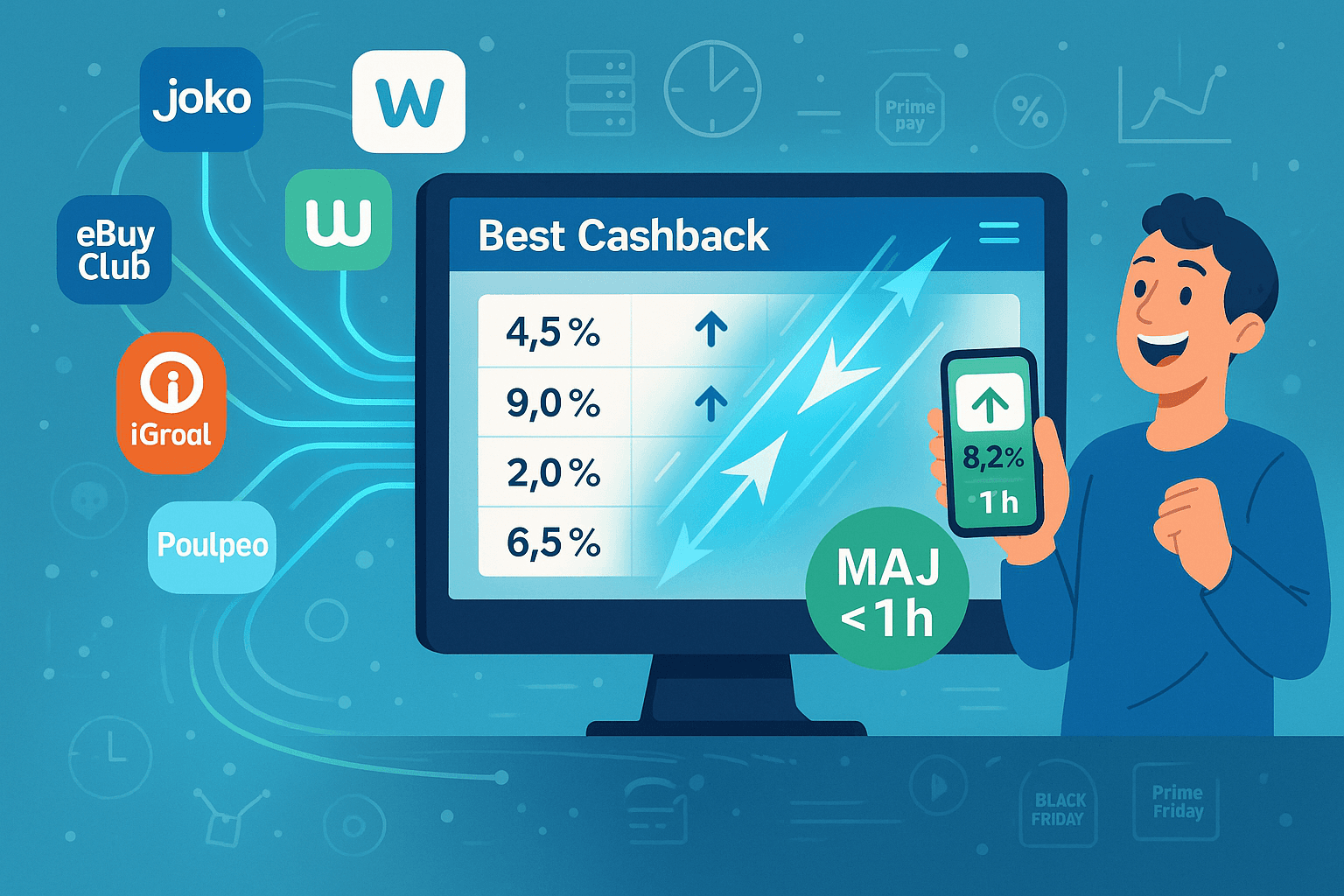 Schéma illustrant le pipeline de collecte des taux de cashback en temps réel avec logos d'applications et site Best Cashback