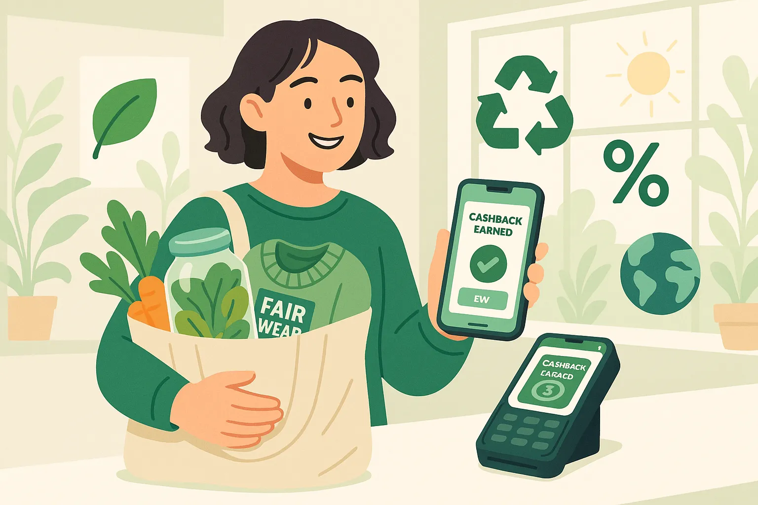 Illustration d’une consommatrice souriante payant un panier de produits bio grâce à une application de cashback sur son smartphone, avec des icônes vertes symbolisant un leaf score, un pourcentage de cashback et une flèche de recyclage.