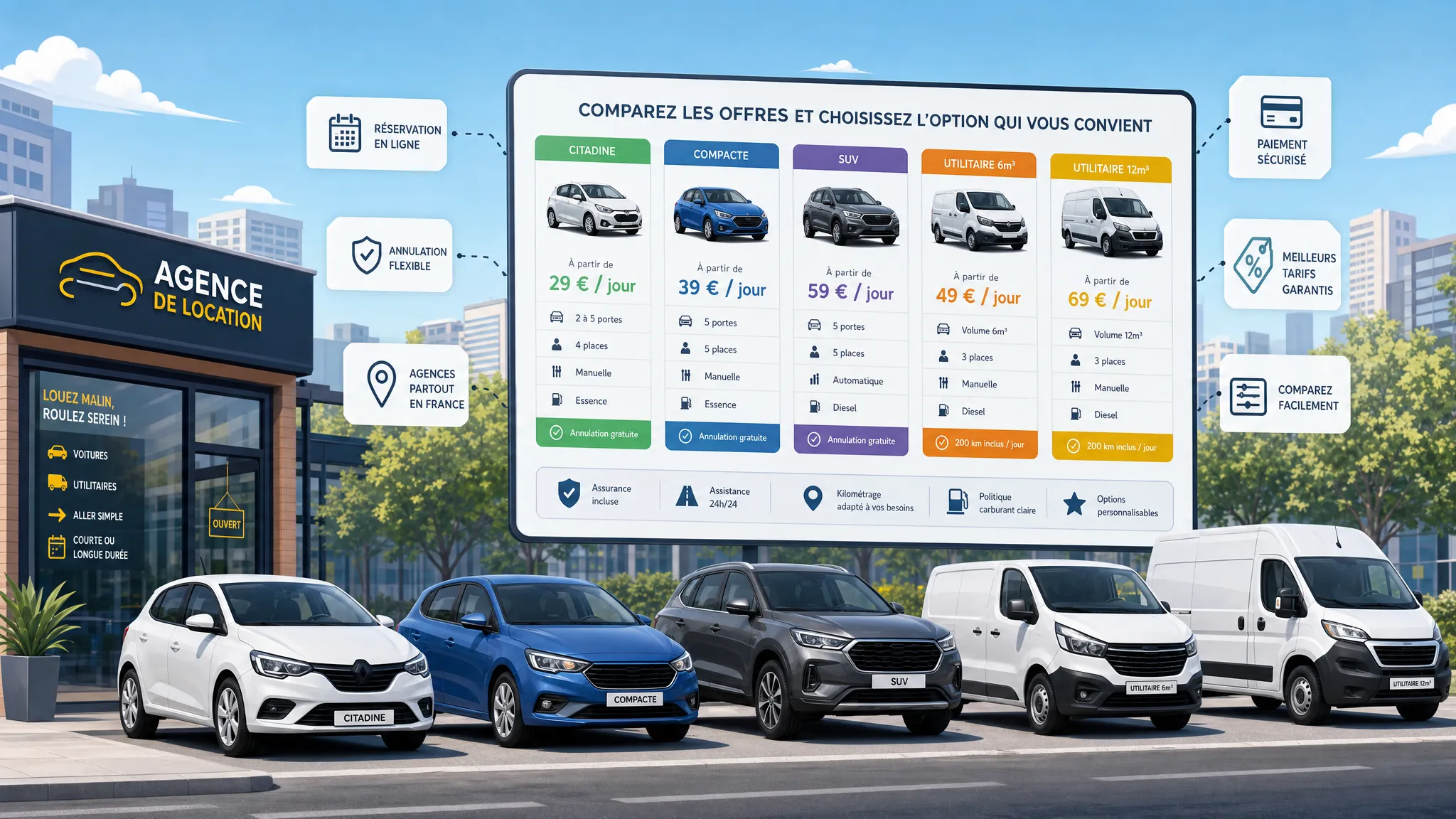 Une voiture partagée stationnée dans une rue urbaine, avec un téléphone affichant une réservation et un contexte de mobilité courte durée.