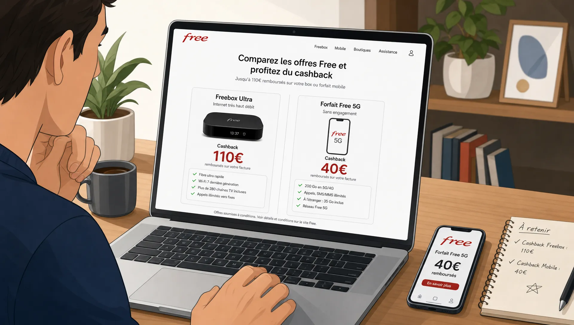 Un utilisateur compare les offres de cashback Free pour une box internet et un forfait mobile sur un ordinateur, avec un téléphone posé à côté.