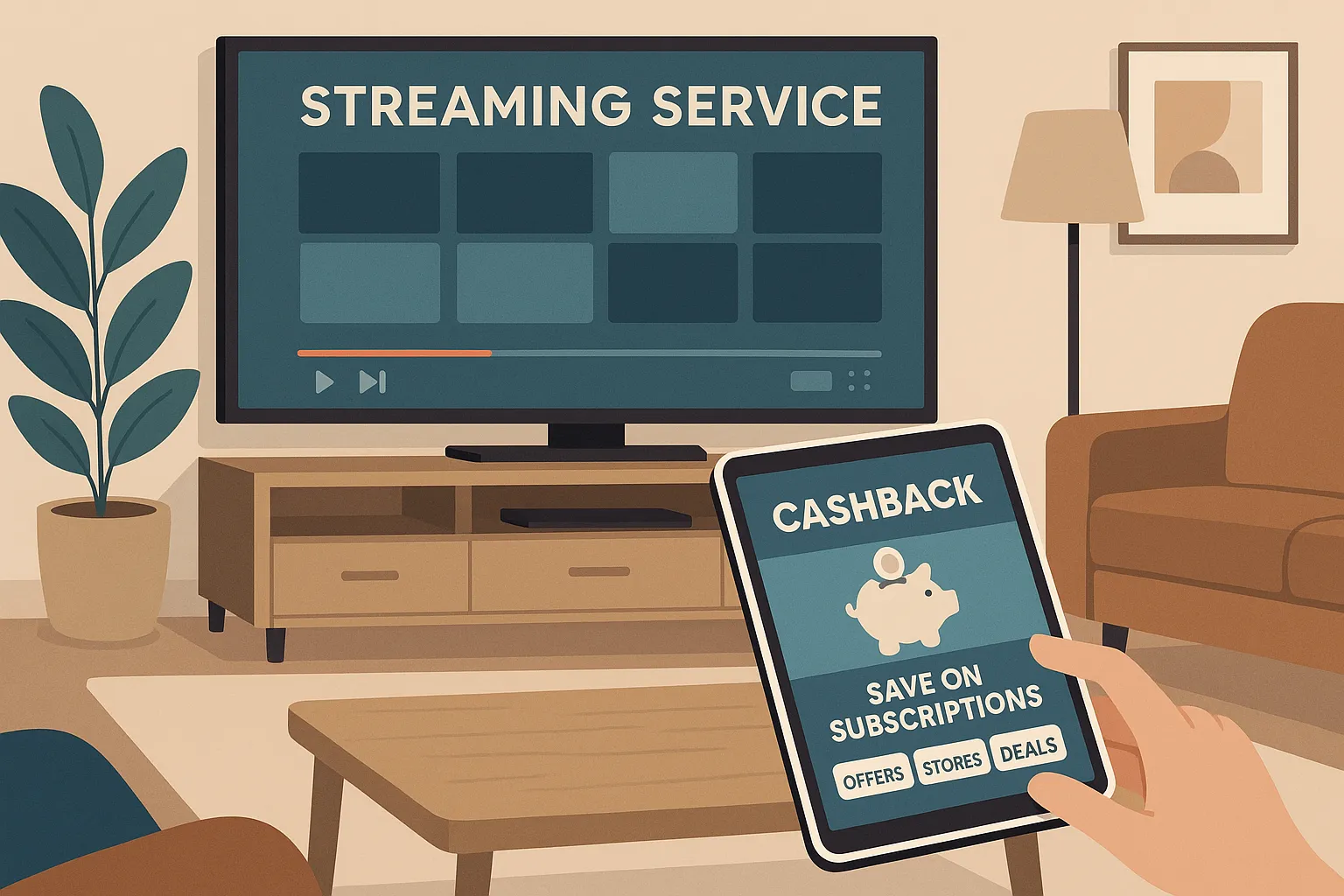 Un salon moderne avec un grand téléviseur allumé sur un service de streaming, une tablette ouverte sur une application de cashback posée sur la table basse, illustrant l’idée d’économiser sur les abonnements vidéo.