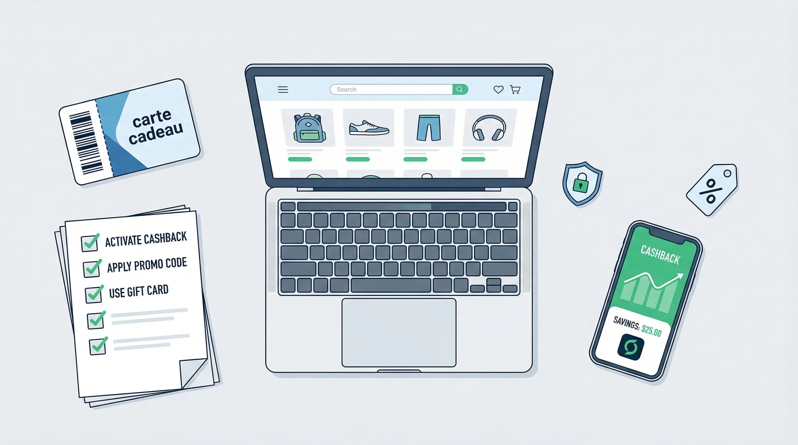 Illustration montrant une carte cadeau, une icône cashback et un panier d’achat en ligne, symbolisant le cumul carte cadeau + cashback et les précautions pour éviter les refus.