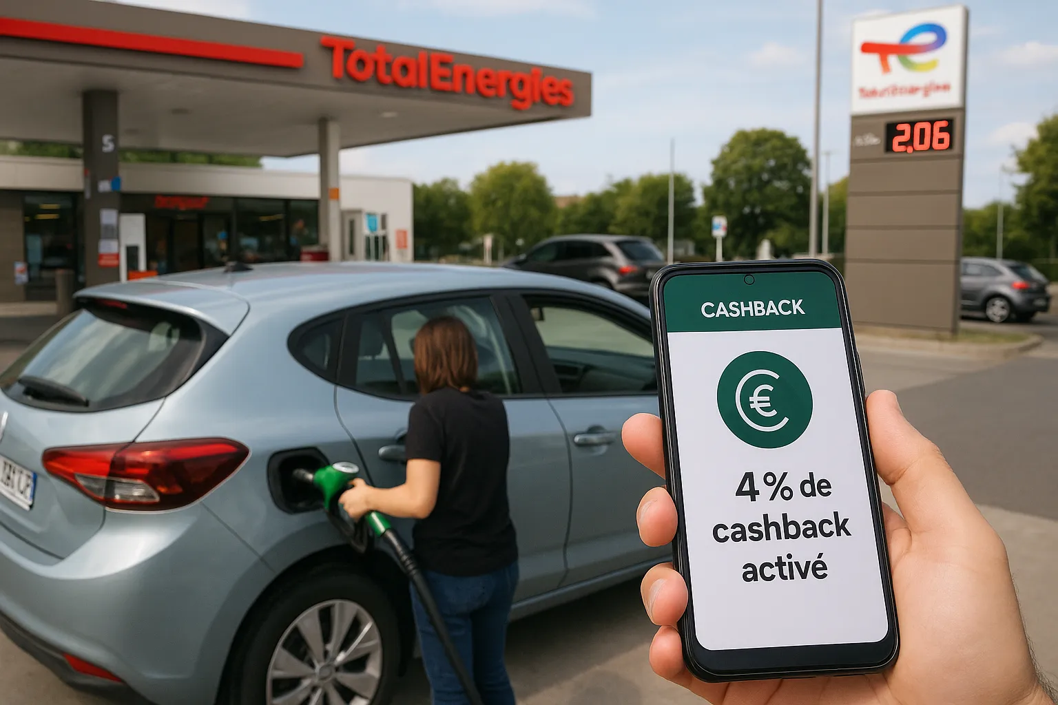 Une voiture fait le plein de carburant dans une station-service moderne, avec un smartphone affichant 4 % de cashback activé sur l'application.