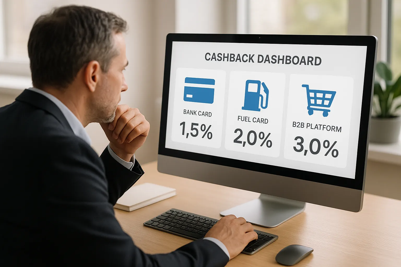 Illustration montrant un dirigeant de PME consultant un tableau de bord en ligne affichant différents pourcentages de cashback issus de sa carte bancaire, de sa carte carburant et d’une plateforme d’achats B2B.