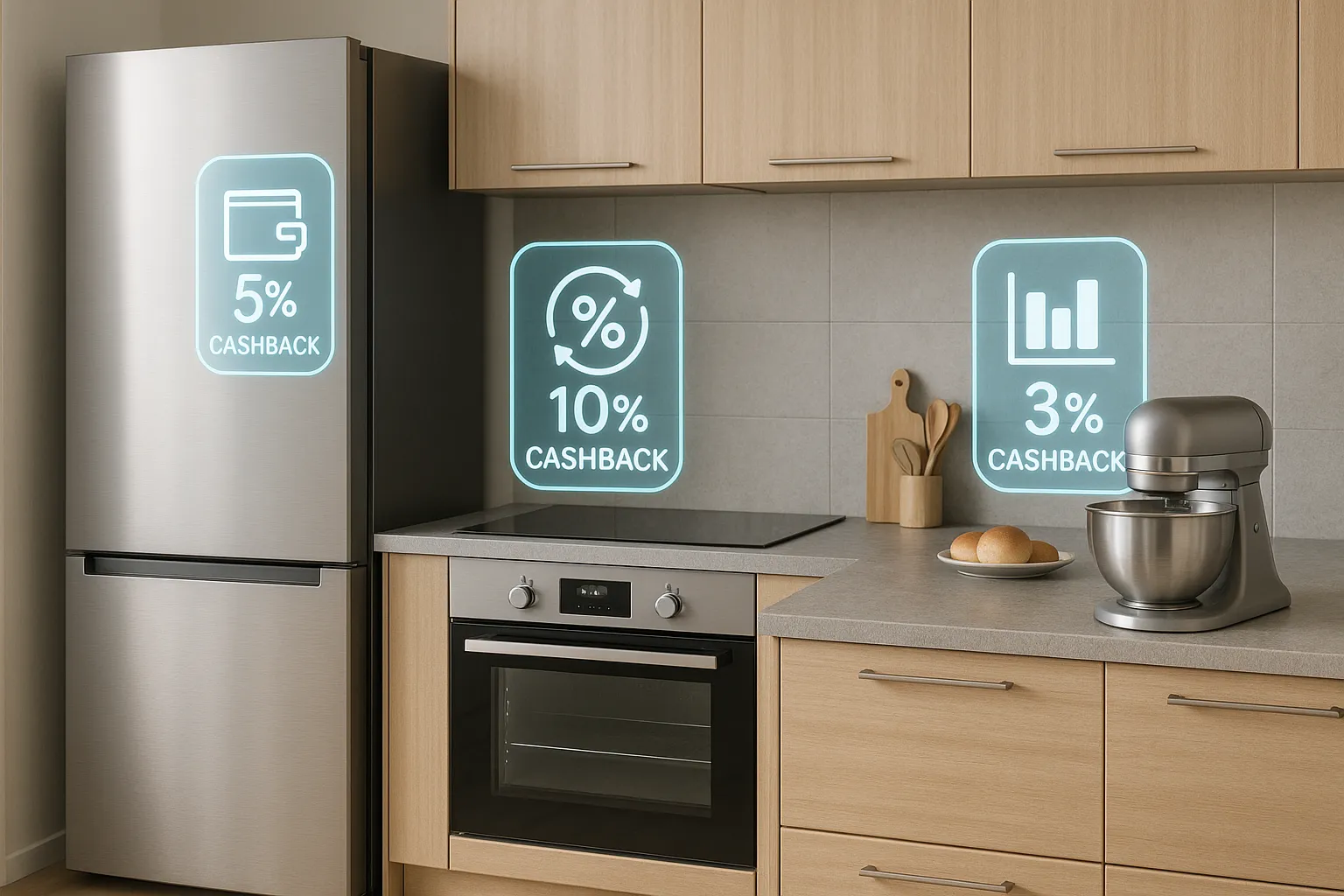 Illustration d’une cuisine moderne où plusieurs appareils électroménagers (réfrigérateur connecté, four encastré, robot pâtissier) affichent des étiquettes virtuelles montrant différentes icônes de cashback et des pourcentages de remise, symbolisant l’accumulation d’économies grâce aux applications de cashback.
