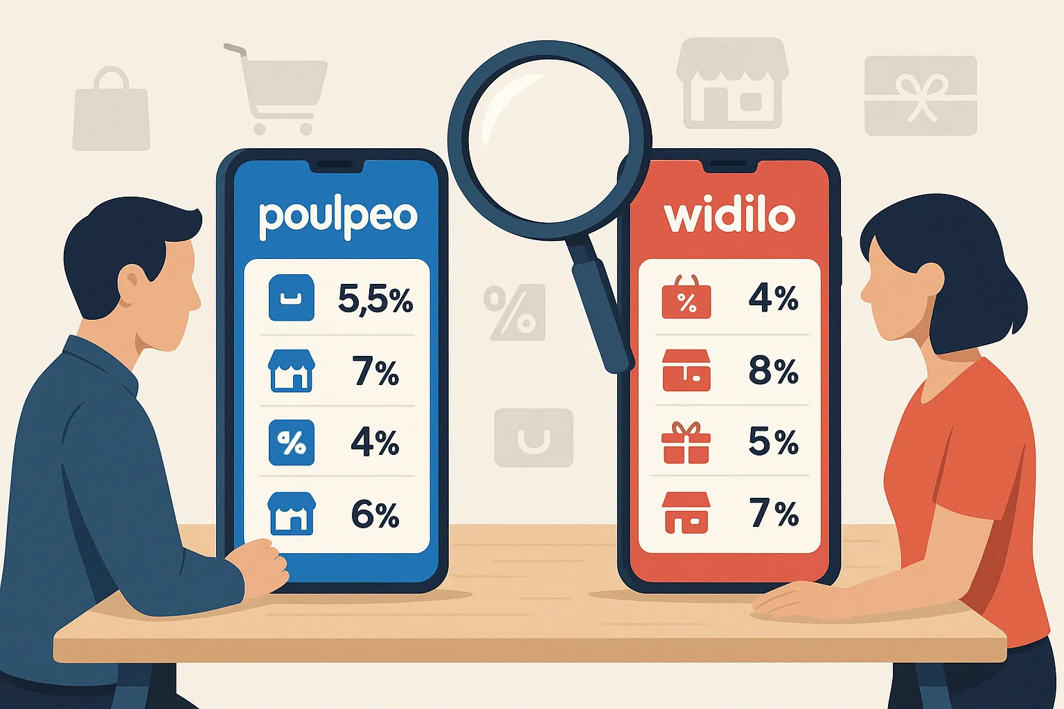 Deux smartphones côte à côte affichant les interfaces de Poulpeo (bleu) et Widilo (rouge) avec des taux de cashback différents pour une même boutique, illustrant la comparaison en temps réel