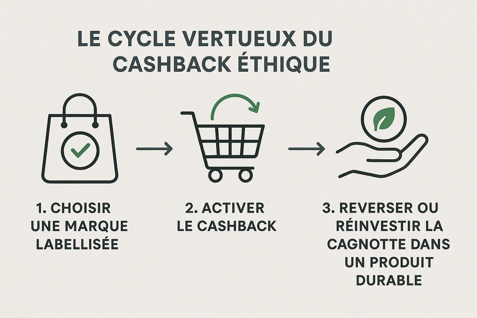 Infographie simple : trois étapes – choisir une marque labellisée, activer le cashback, reverser ou réinvestir la cagnotte dans un produit durable – illustrant le cycle vertueux du cashback éthique.