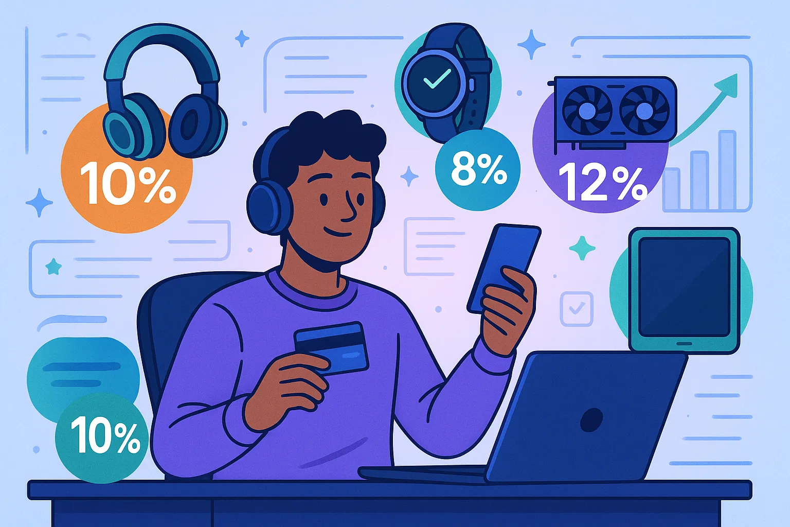 Jeune consommatrice consultant les taux de cashback pour un smartphone sur un ordinateur portable dans un bureau moderne