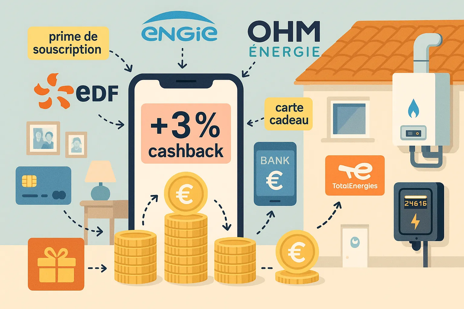 Illustration montrant une maison connectée, un smartphone affichant +3 % de cashback et des logos de fournisseurs d'énergie français (EDF, Engie, Ohm Énergie, TotalEnergies)
