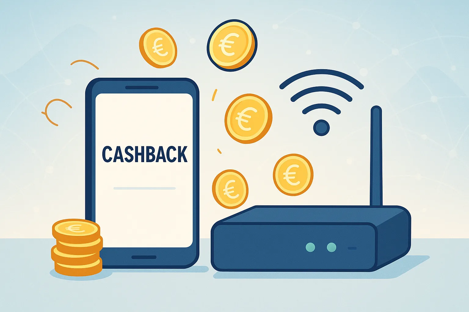 Smartphone et routeur Wi‑Fi entourés de pièces de monnaie, symbolisant le cashback sur abonnements téléphoniques et box internet.