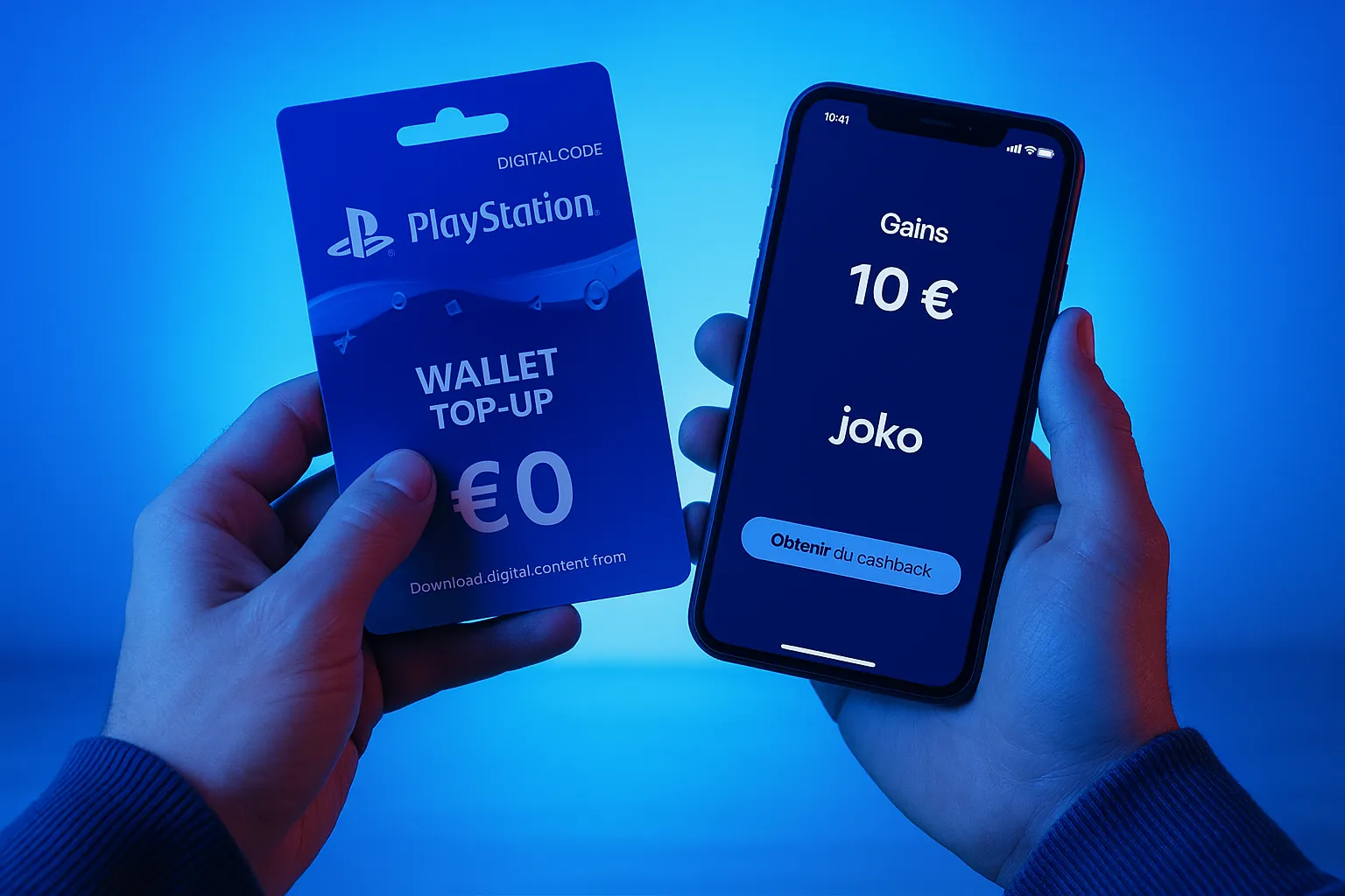 Illustration d’un joueur rechargeant son portefeuille PlayStation avec une carte cadeau numérique, un smartphone affichant l’appli de cashback Joko montrant 10 € de gains, le tout dans une ambiance néon bleue.