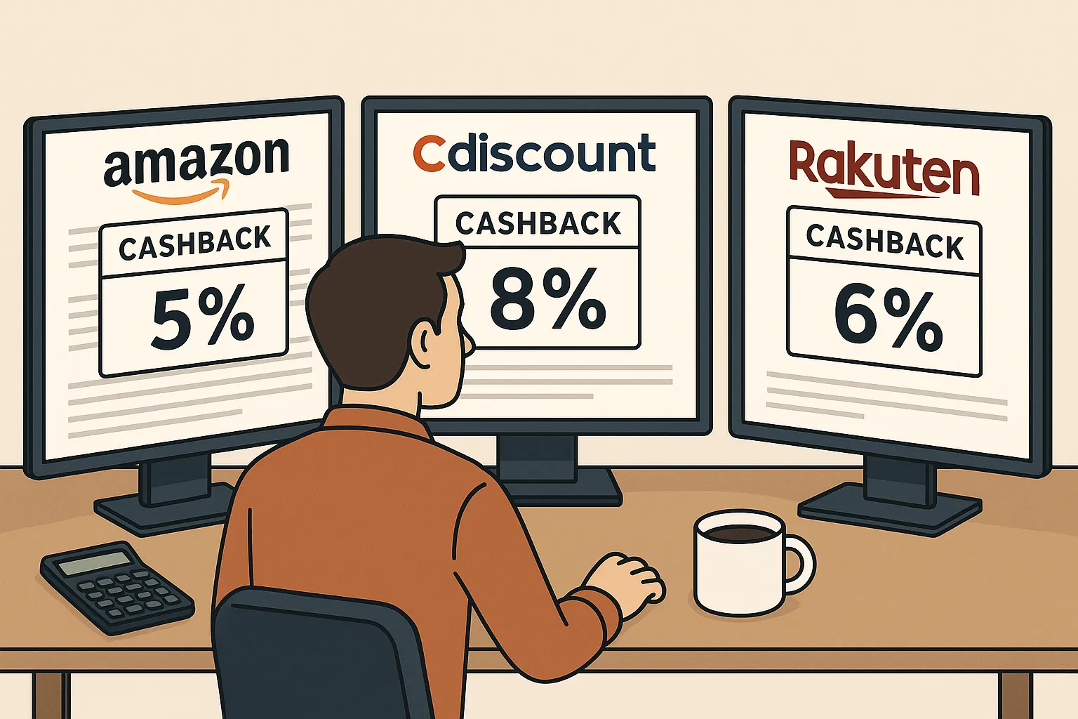 Un acheteur consulte trois écrans alignés : à gauche la page Amazon, au centre Cdiscount, à droite Rakuten. Chacun affiche un encart « Cashback » avec des pourcentages distincts, tandis qu’une calculatrice et une tasse de café sont posées sur le bure...