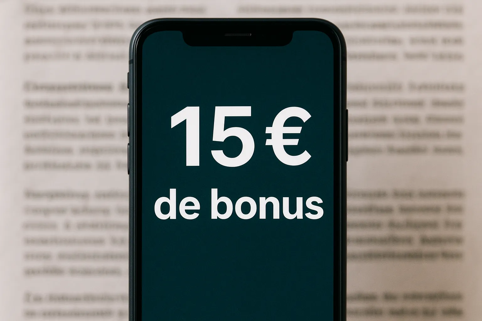 Illustration montrant un smartphone affichant « 15 € de bonus » avec en arrière-plan des petites lignes de texte floues symbolisant les conditions cachées des offres de bienvenue des applications de cashback.