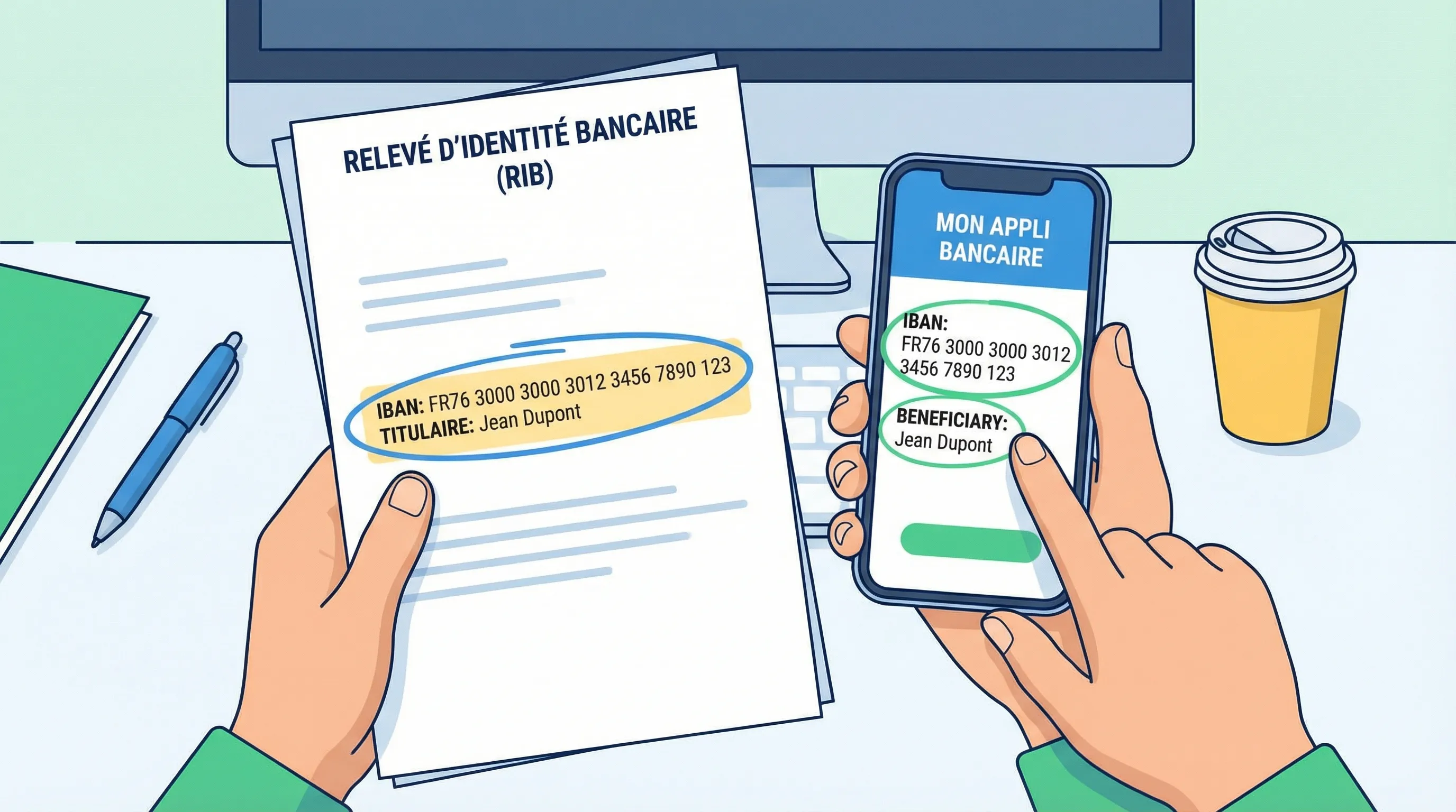 Illustration d’un utilisateur vérifiant un IBAN sur un RIB et dans une application bancaire, avec les champs IBAN et titulaire mis en évidence sur des documents papier et un smartphone.