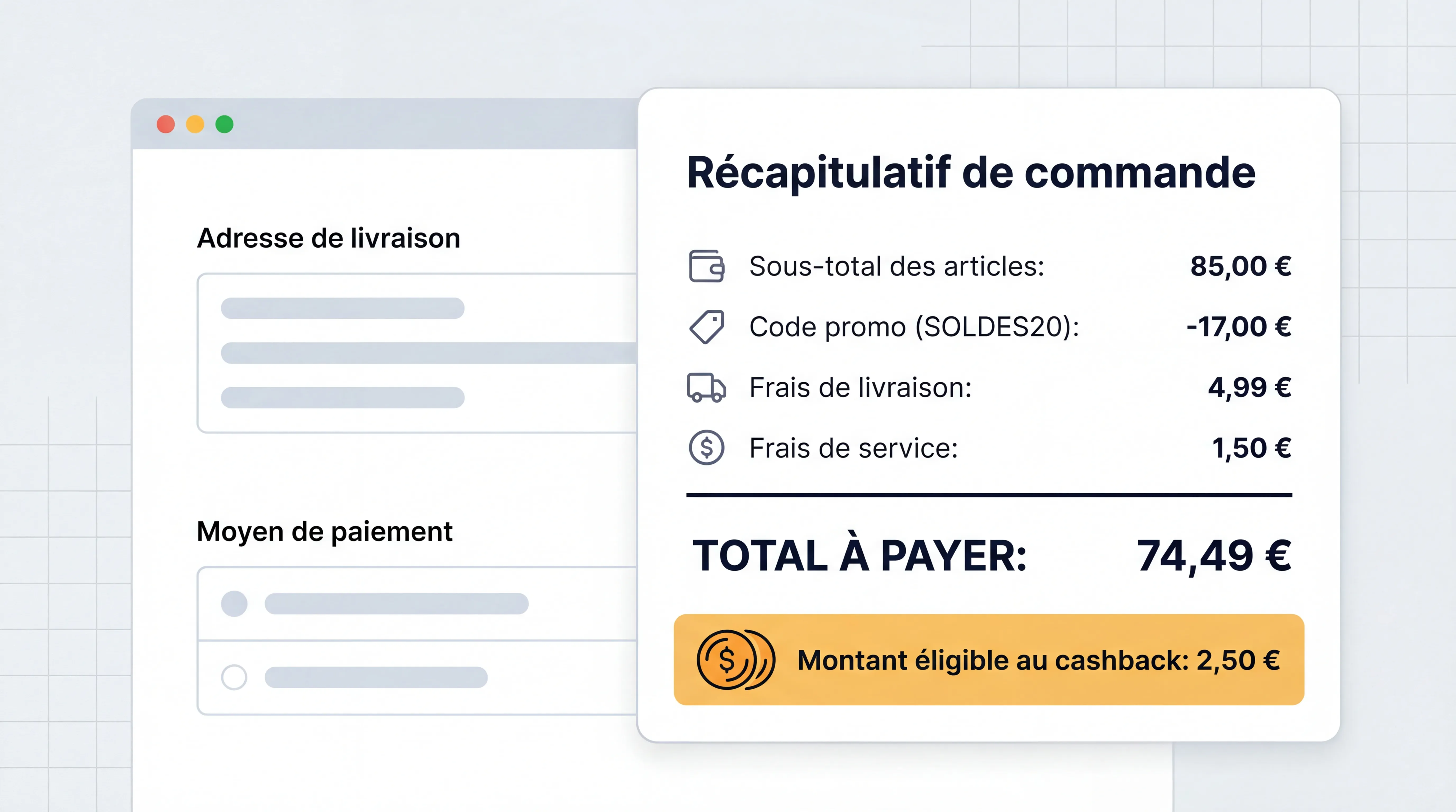 Page de paiement e-commerce montrant un récapitulatif clair: sous-total des articles, code promo, frais de livraison, frais de service, puis total à payer, avec une zone “montant éligible au cashback” mise en évidence.