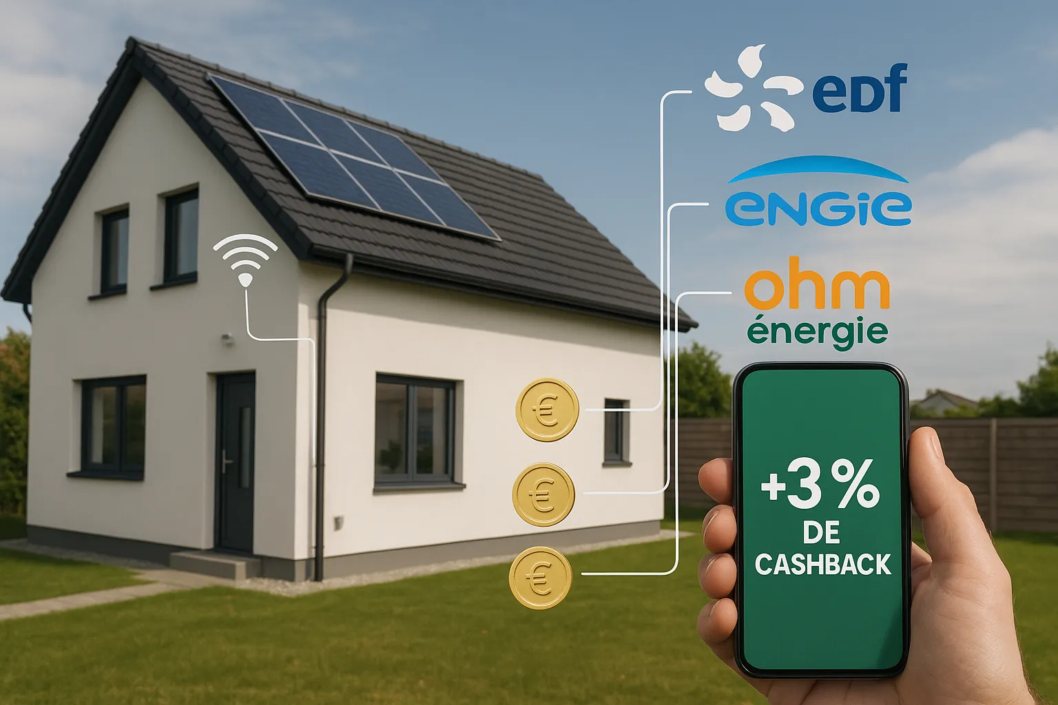 Illustration montrant une maison connectée, un smartphone affichant "+3 % de cashback" et des logos de fournisseurs d'énergie français (EDF, Engie, Ohm Énergie, TotalEnergies) reliés à des icônes de pièces de monnaie.