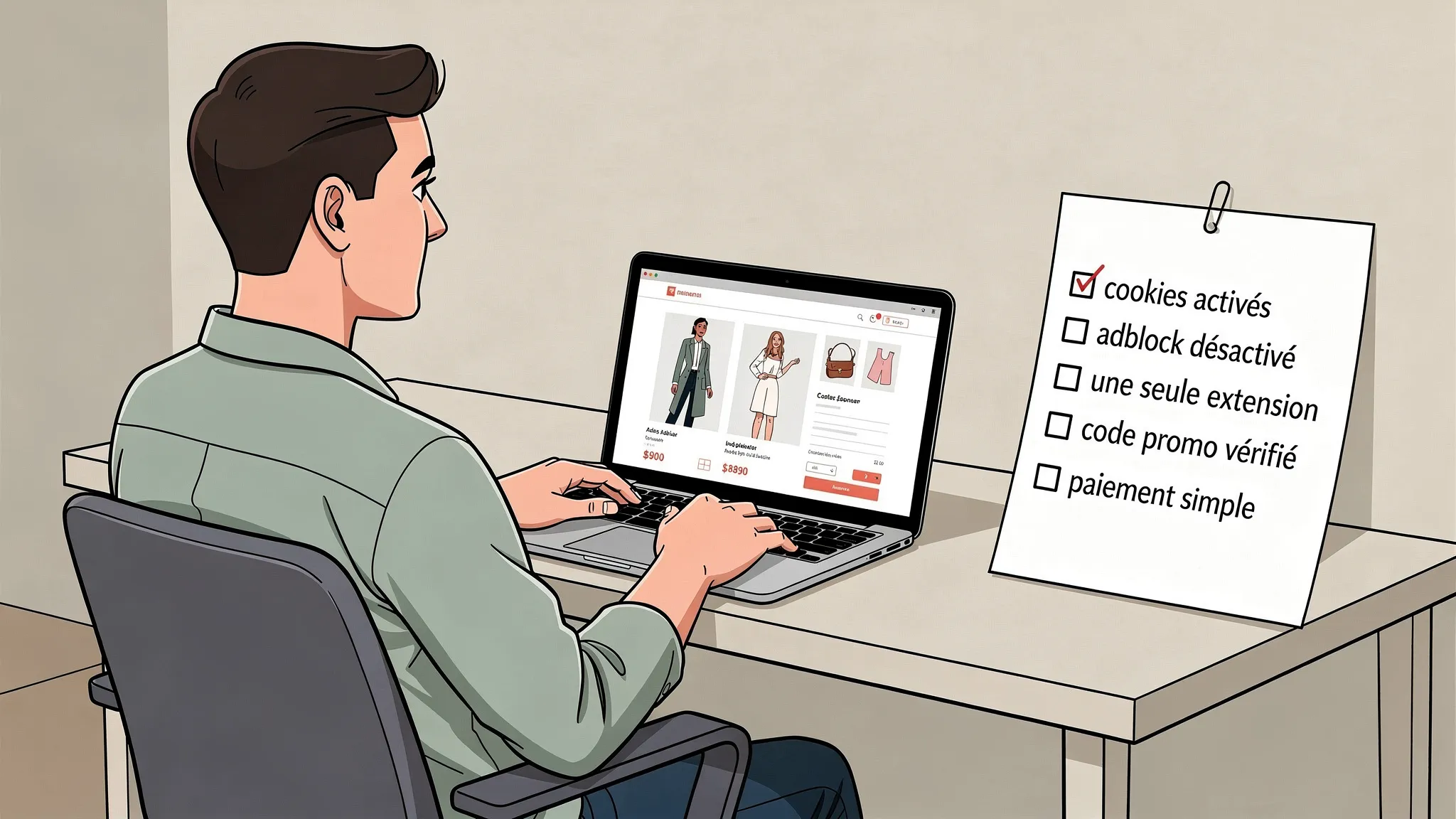 Un acheteur est assis à une table avec un ordinateur portable ouvert sur un panier e-commerce de mode, et une checklist papier à côté (cookies activés, adblock désactivé, une seule extension, code promo vérifié, paiement simple). L’écran est orienté ...