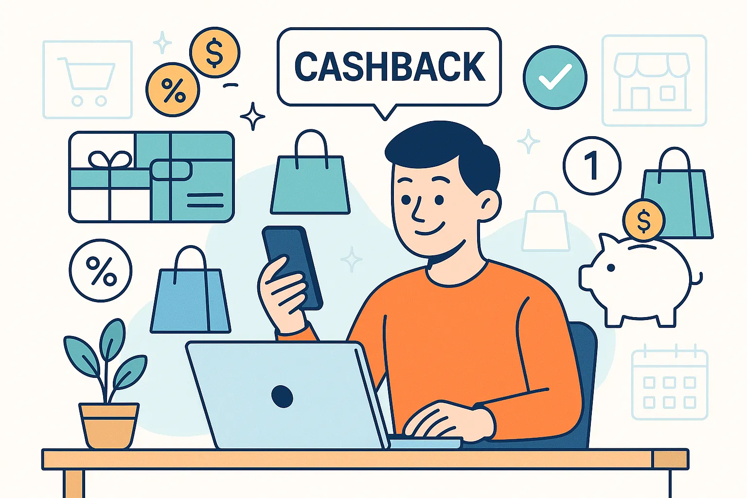 Jeune acheteuse souriante consultant l’application de cashback sur son smartphone devant un ordinateur et des colis — illustration des économies en ligne pour les débutants