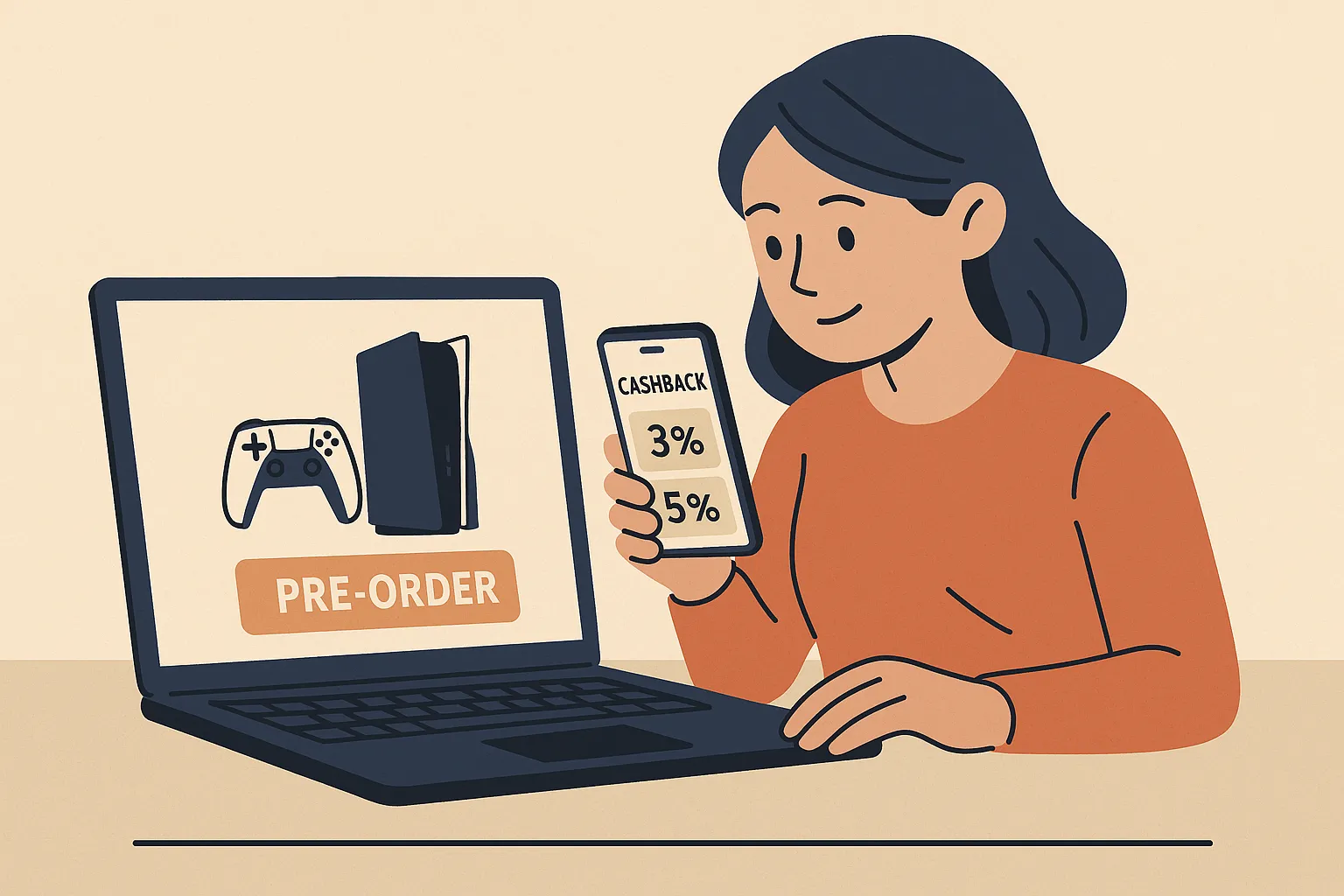 Une jeune femme compare les taux de cashback sur son smartphone pendant qu'elle confirme la précommande d'une console de jeu nouvelle génération sur un ordinateur portable posé devant elle. Les deux écrans sont bien orientés vers la caméra.