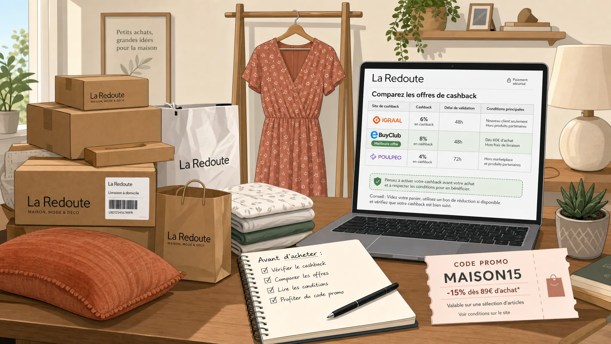 Un carnet posé sur une table avec une liste d’achat La Redoute, une calculatrice, des échantillons de tissu, un coussin, un vêtement plié et des notes indiquant code promo, cashback et livraison.