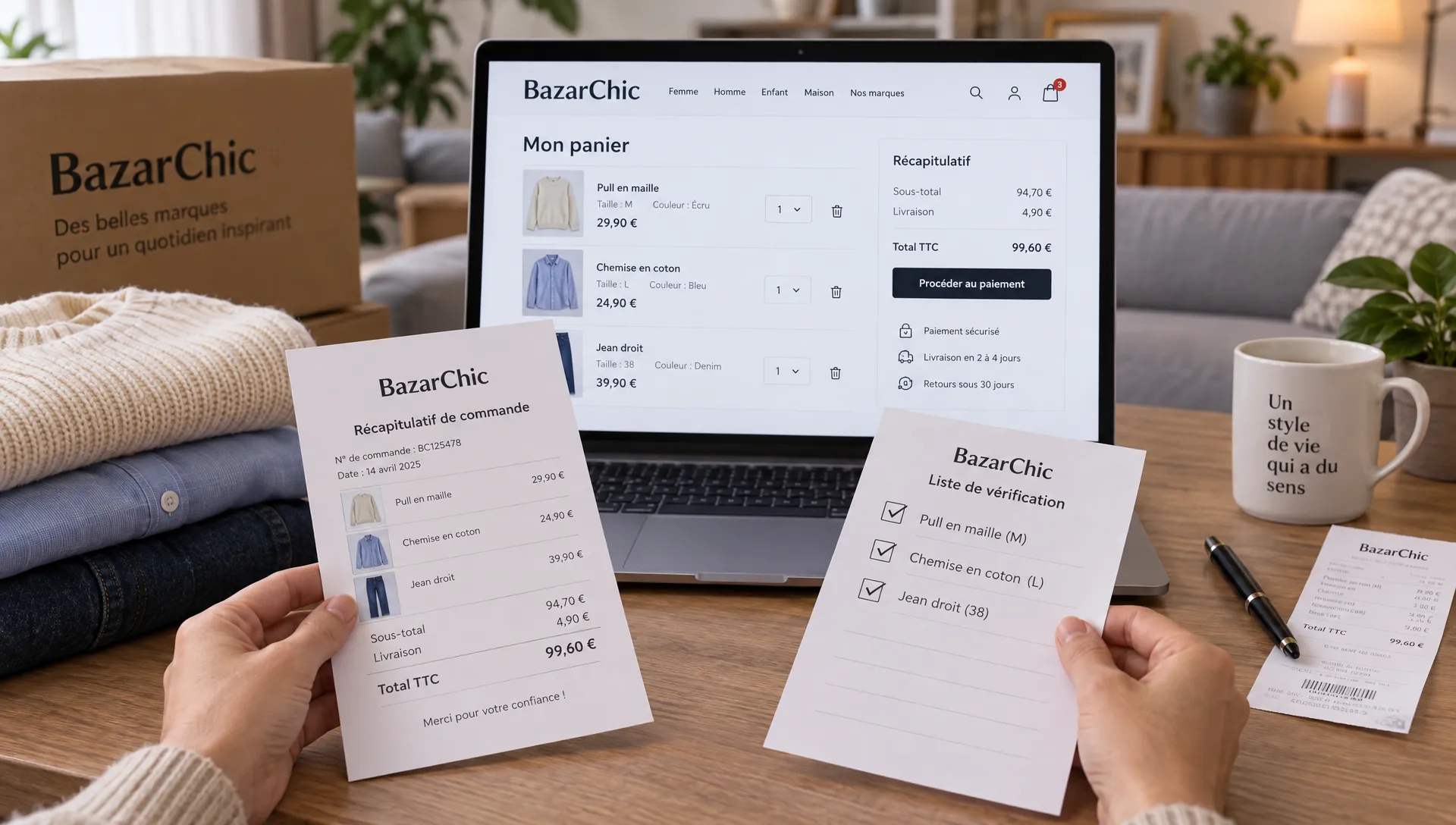 Un acheteur confronte le panier BazarChic à une liste de contrôle avant de vérifier son éligibilité au cashback Poulpeo.