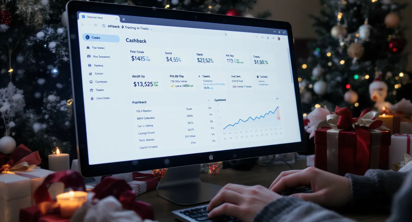 Vue rapprochée d’un écran d’ordinateur affichant un tableau de suivi de cagnotte cashback devant un sapin de Noël décoré, des paquets cadeaux ouverts et une main feminine entrant une carte bancaire sur le clavier, ambiance soirée d’hiver.