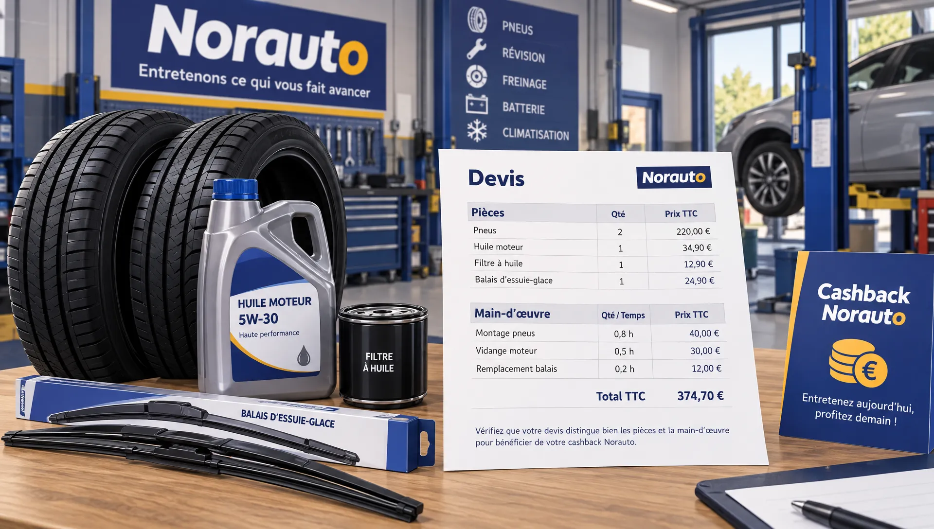 Deux pneus, de l’huile moteur, un filtre et des balais d’essuie-glace sont réunis dans un atelier, avec un devis séparant pièces et main-d’œuvre à vérifier avant un cashback Norauto.
