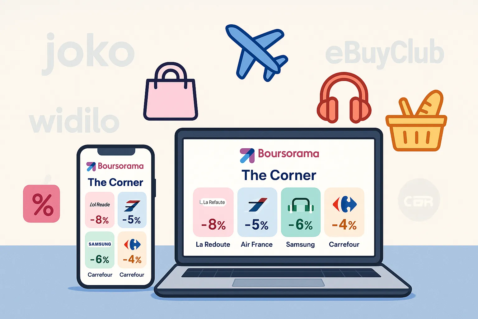 Un client consulte l'application mobile Boursorama affichant l'onglet The Corner avec plusieurs enseignes et leurs taux de cashback