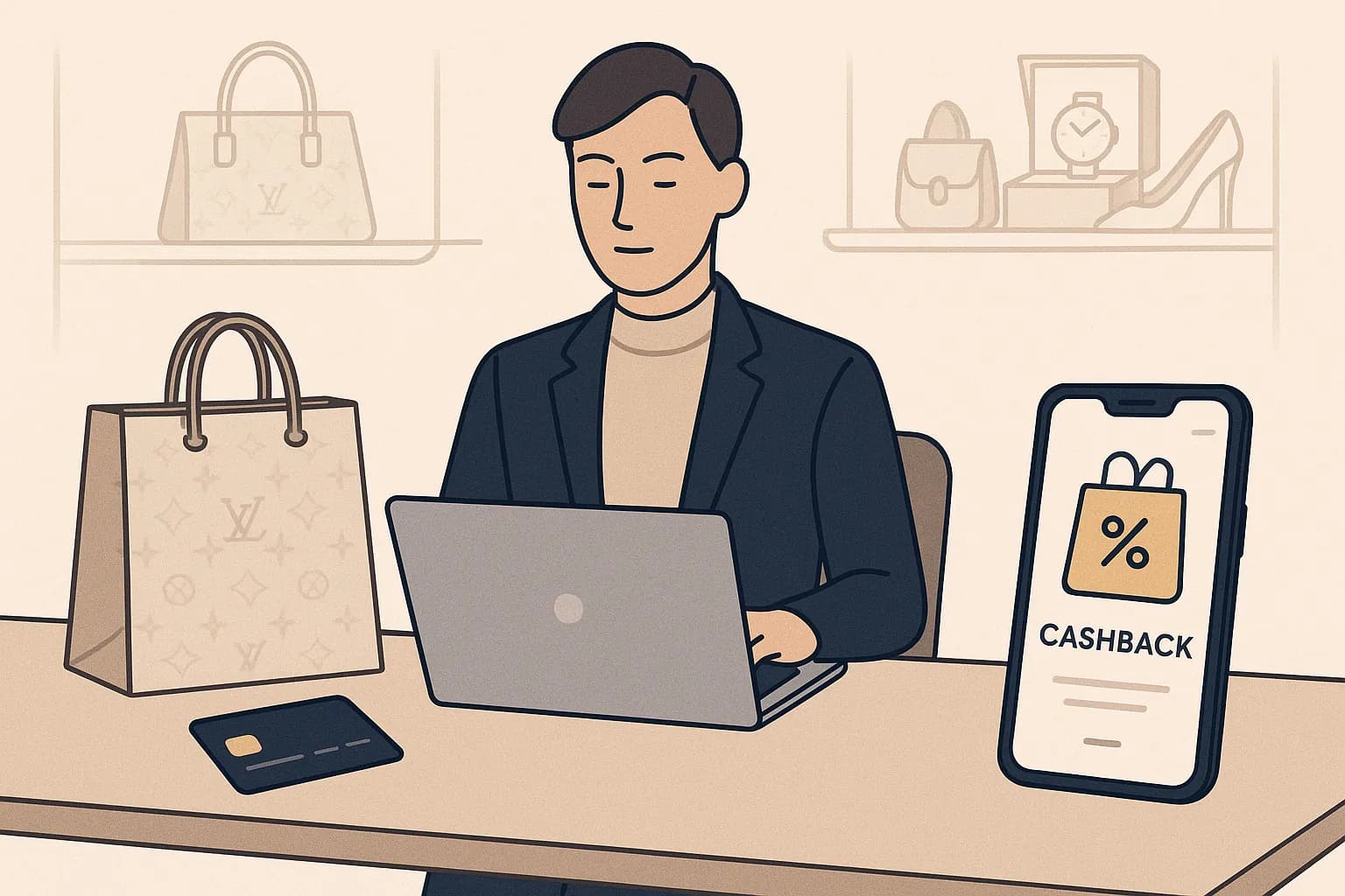 Une cliente élégante scanne un QR Code sur son smartphone devant un comptoir Gucci, tandis qu’un vendeur prépare un sac Marmont, symbolisant l’utilisation d’une e-carte cadeau achetée avec cashback pour un achat luxe