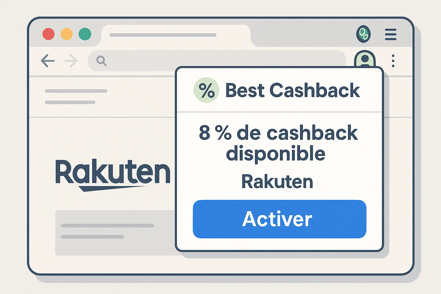 Capture d’écran stylisée montrant l’extension Best Cashback sur un navigateur, avec une pop-up indiquant « 8 % de cashback disponible sur Rakuten – Activer ».