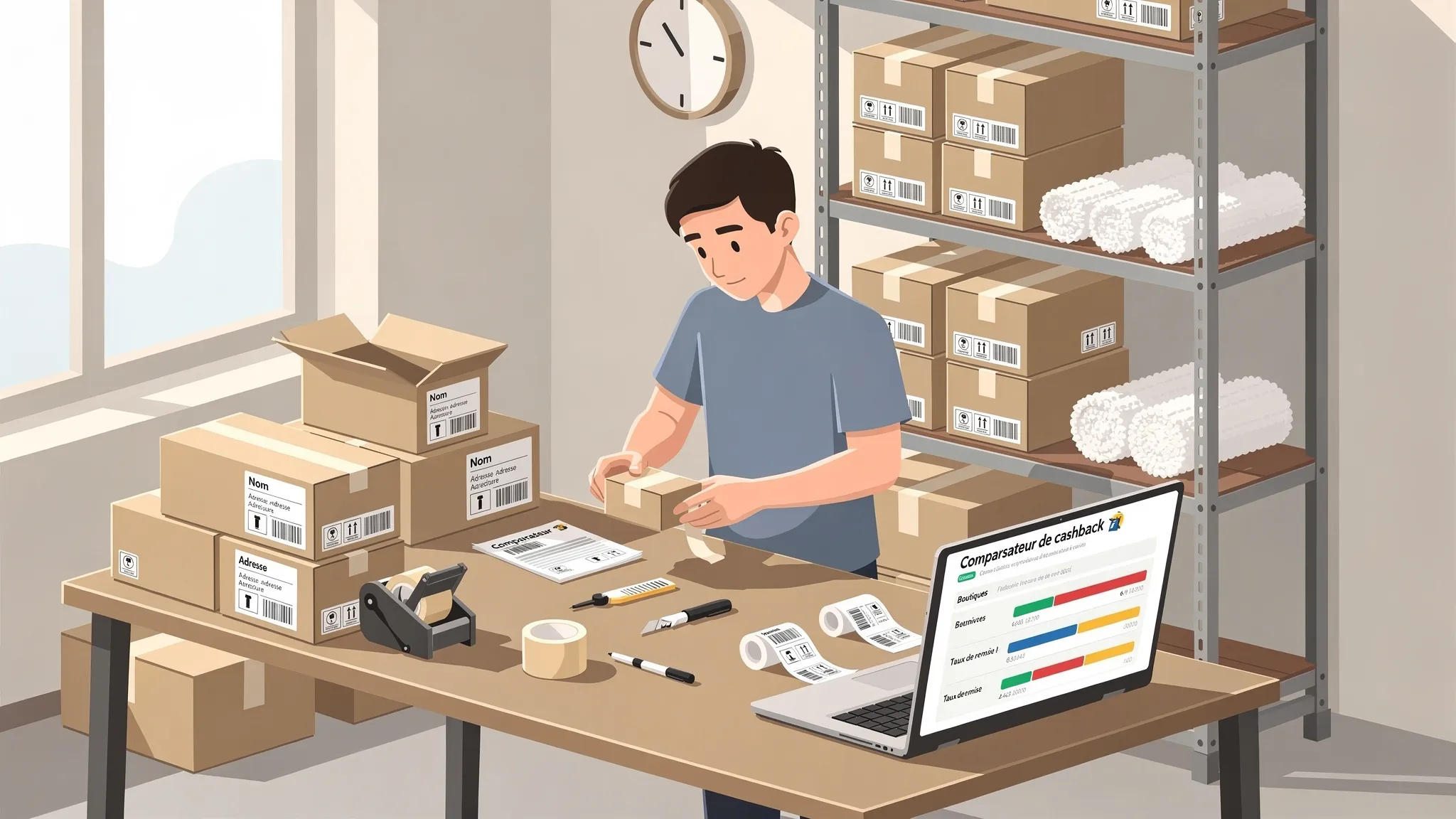 Un entrepreneur e-commerce prépare des colis dans un petit studio logistique, avec un ordinateur portable affichant un comparateur de cashback, des étiquettes d’expédition, du ruban adhésif et des boîtes de différentes tailles.